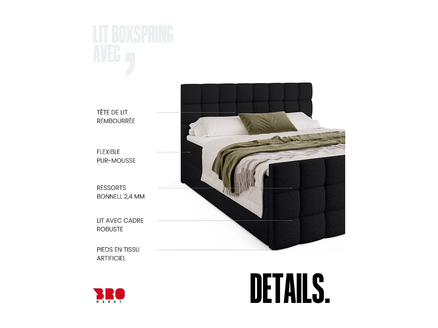 Lit boxspring avec rangement DAKOTA DUO - matelas - surmatelas - noir - 160x200 cm