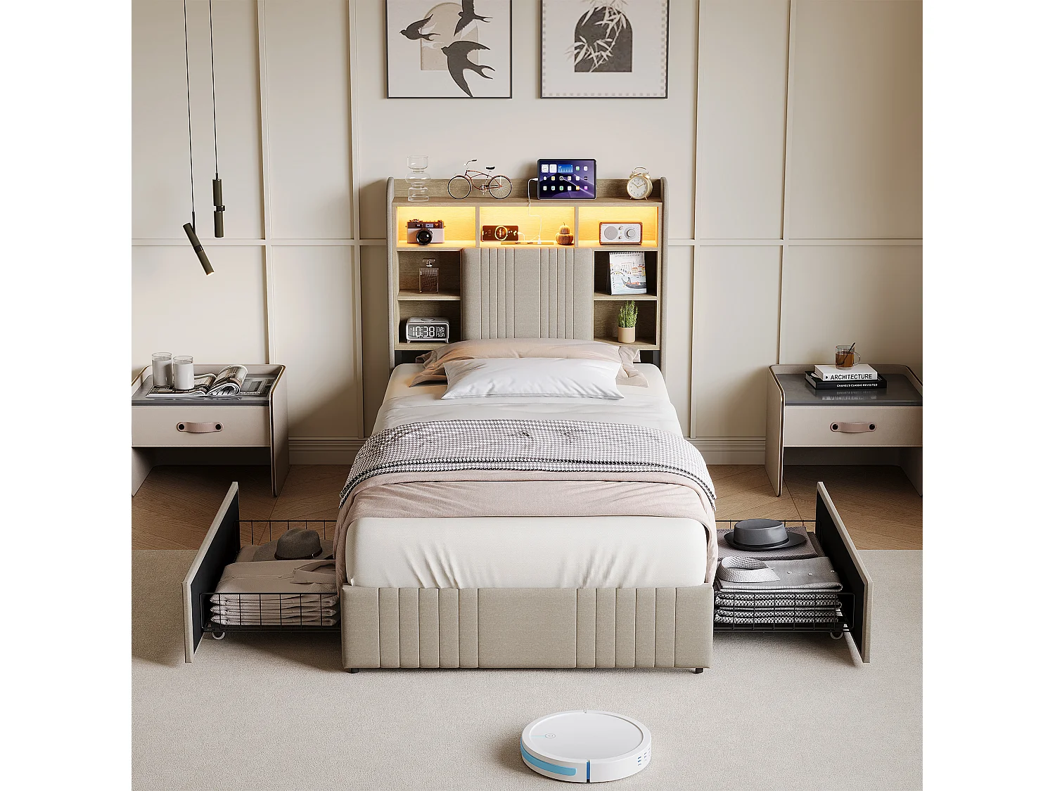 Bett (90 x 200 cm) mit 2 Schubladen, LED-Beleuchtung, USB-C-Anschluss, Nachttischen mit Stauraum, offenen Fächern und Lattenrost – Beige