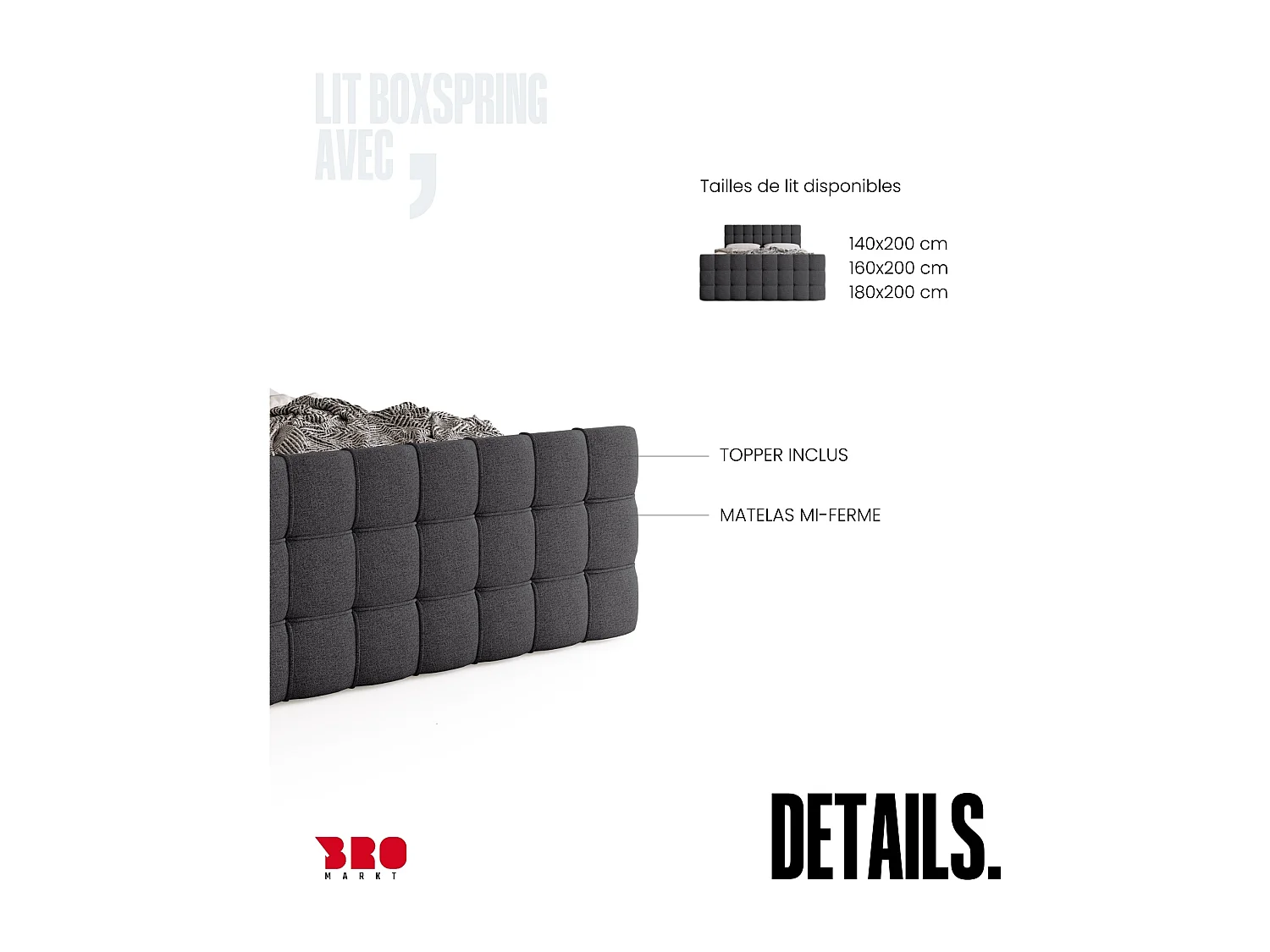 Lit boxspring avec rangement DETROIT DUO - matelas - surmatelas - gris  - 140x200 cm