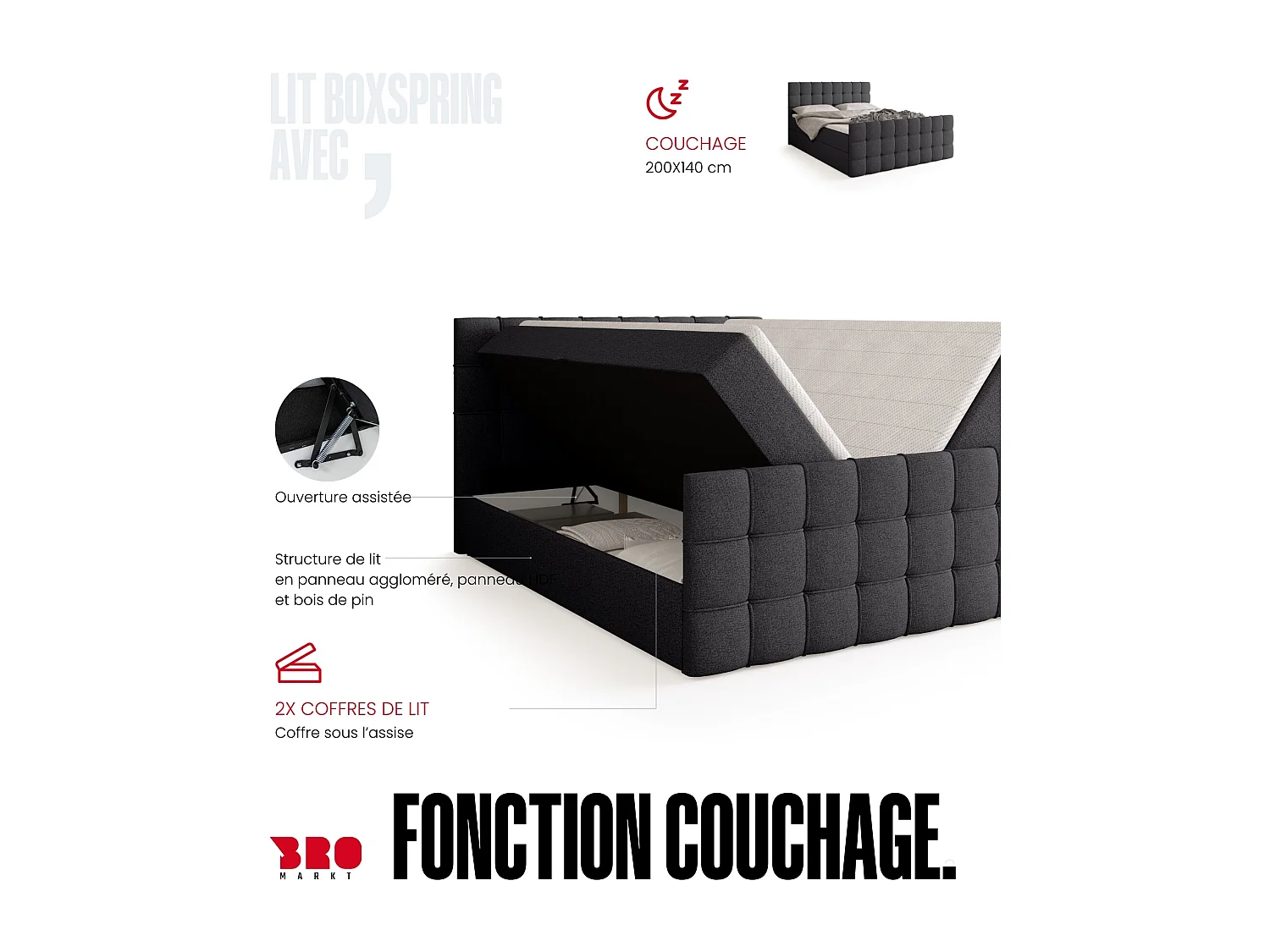 Lit boxspring avec rangement DETROIT DUO - matelas - surmatelas - gris  - 140x200 cm