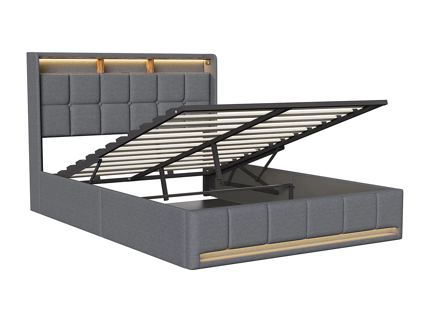 Lit 160x200 cm avec éclairage LED, coffre hydraulique, sommier à lattes, chargeurs USB & Type-C - Tissu lin gris