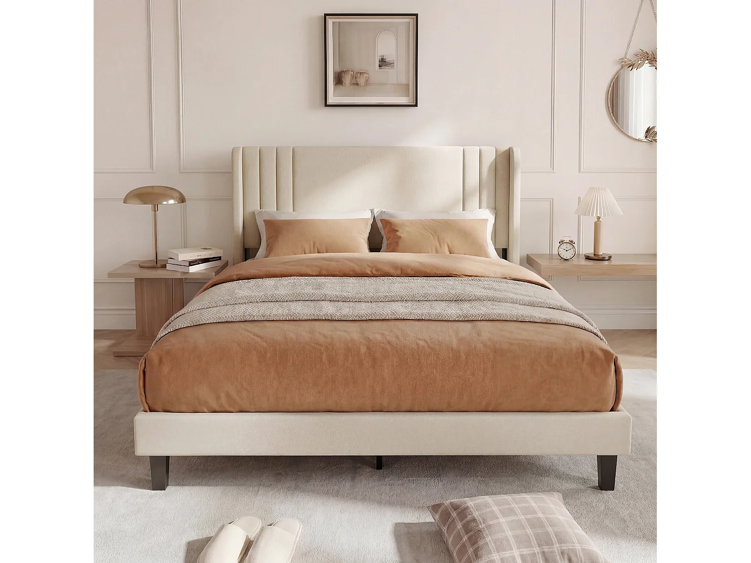 Beige Leinenbett (140 x 200 cm), modernes gepolstertes Kopfteil, stabiler Lattenrost, Belastbarkeit bis 363 kg, schnelle Montage