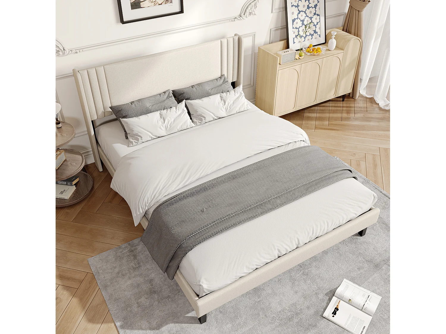 Beige Leinenbett (140 x 200 cm), modernes gepolstertes Kopfteil, stabiler Lattenrost, Belastbarkeit bis 363 kg, schnelle Montage