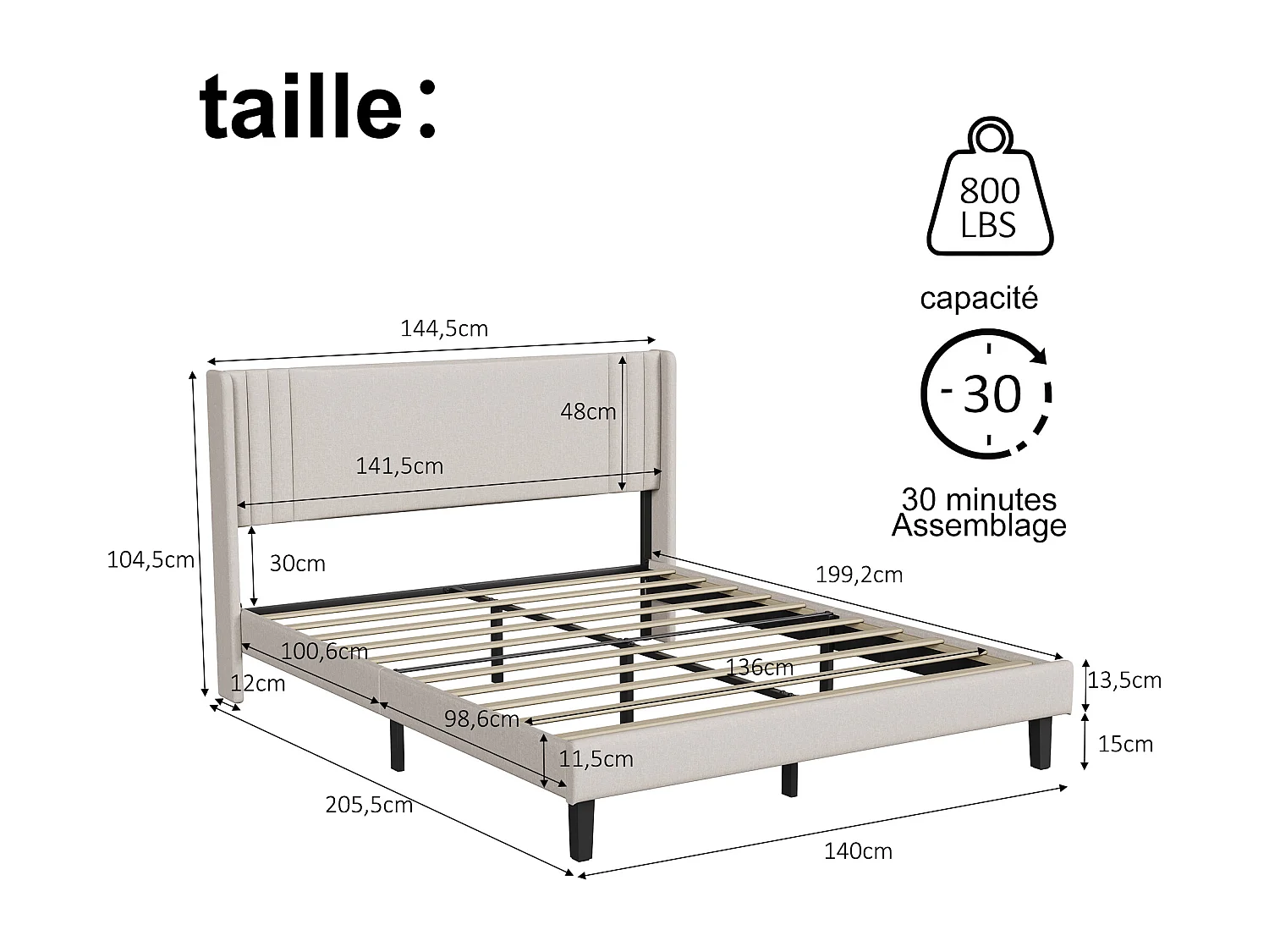 Beige Leinenbett (140 x 200 cm), modernes gepolstertes Kopfteil, stabiler Lattenrost, Belastbarkeit bis 363 kg, schnelle Montage