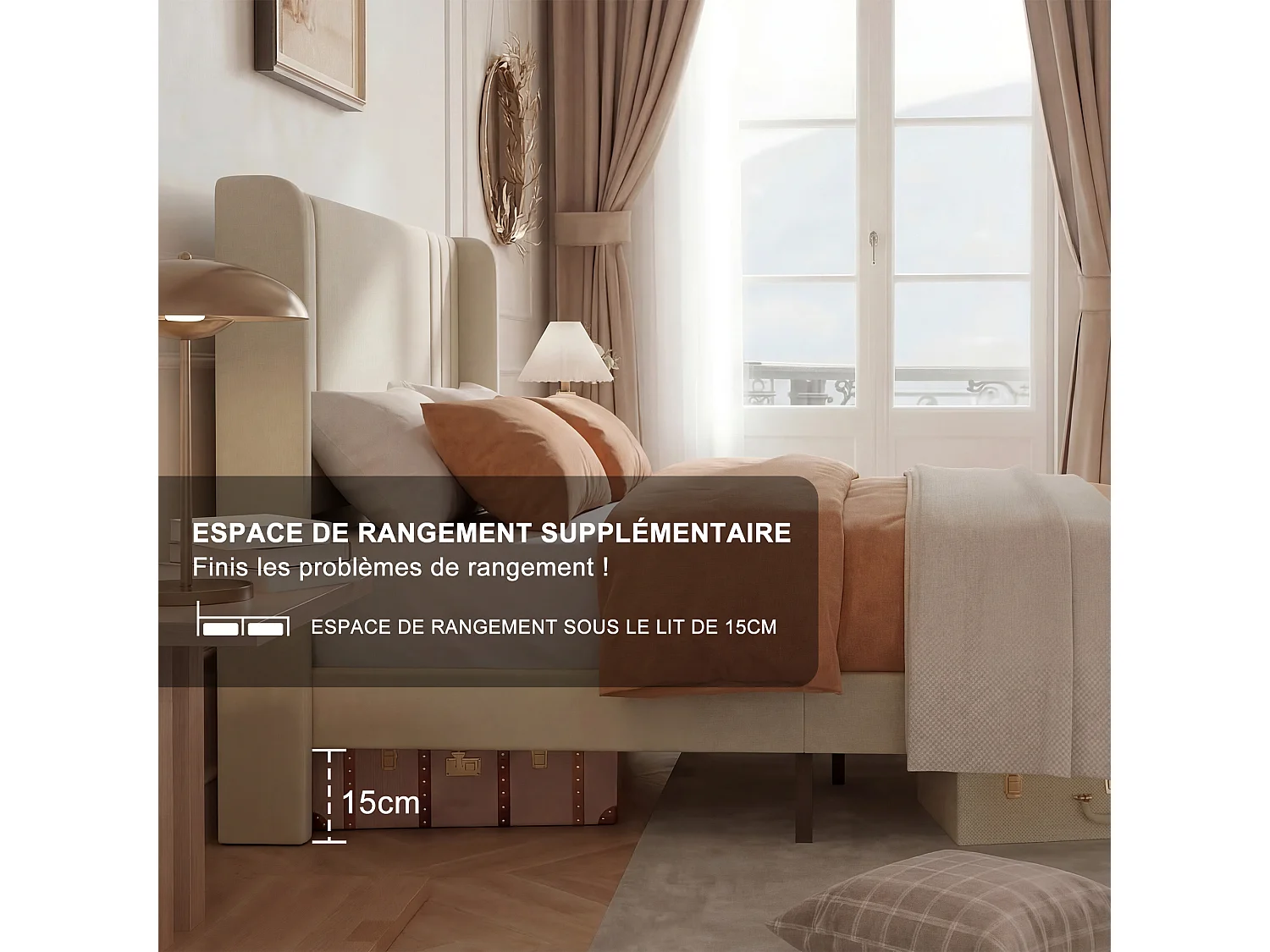 Beige Leinenbett (140 x 200 cm), modernes gepolstertes Kopfteil, stabiler Lattenrost, Belastbarkeit bis 363 kg, schnelle Montage