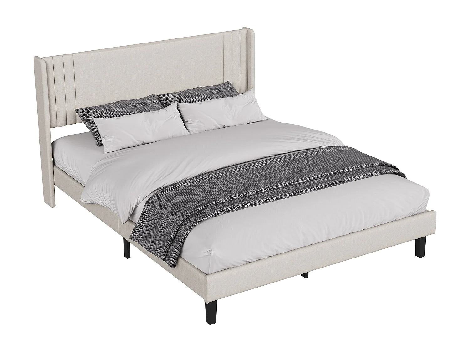 Beige Leinenbett (140 x 200 cm), modernes gepolstertes Kopfteil, stabiler Lattenrost, Belastbarkeit bis 363 kg, schnelle Montage