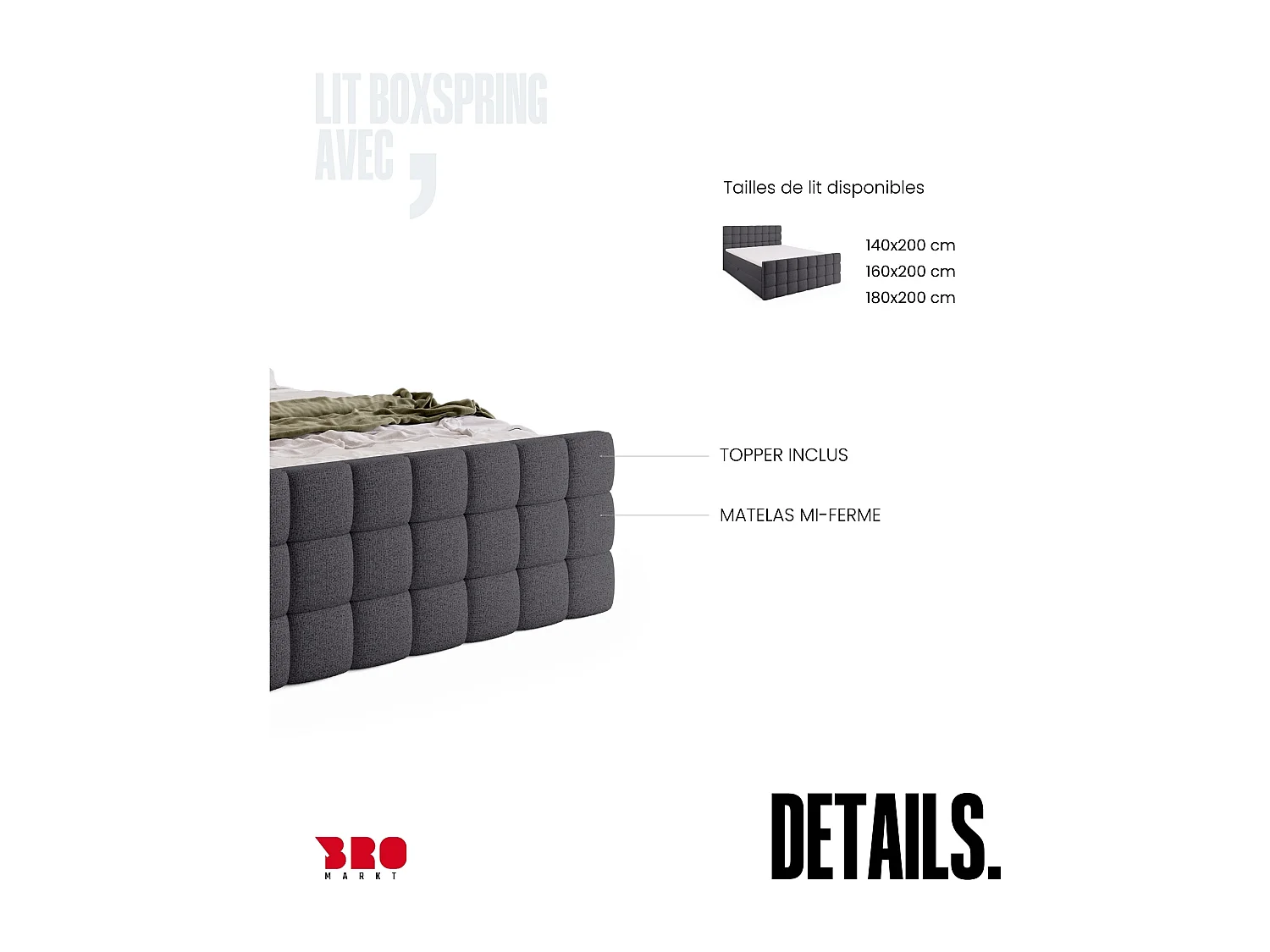 Lit boxspring avec rangement DAKOTA DUO - matelas - surmatelas - gris foncé - 160x200 cm