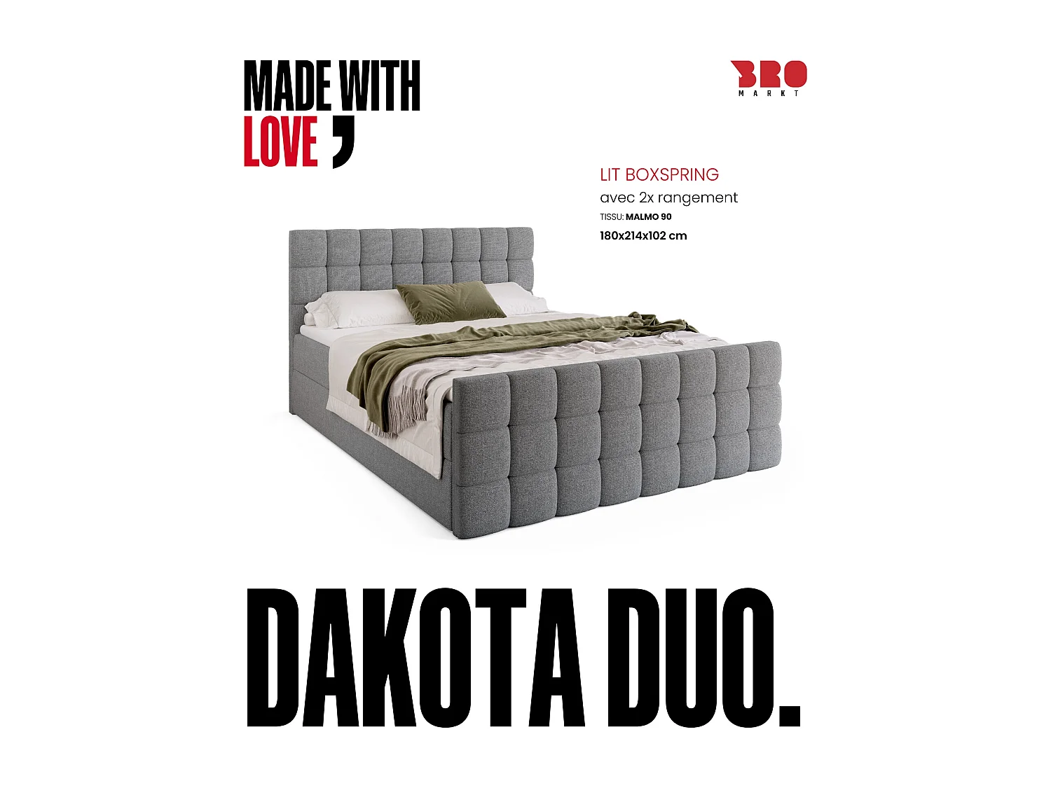 Lit boxspring avec rangement DAKOTA DUO - matelas - surmatelas - gris - 180x200 cm