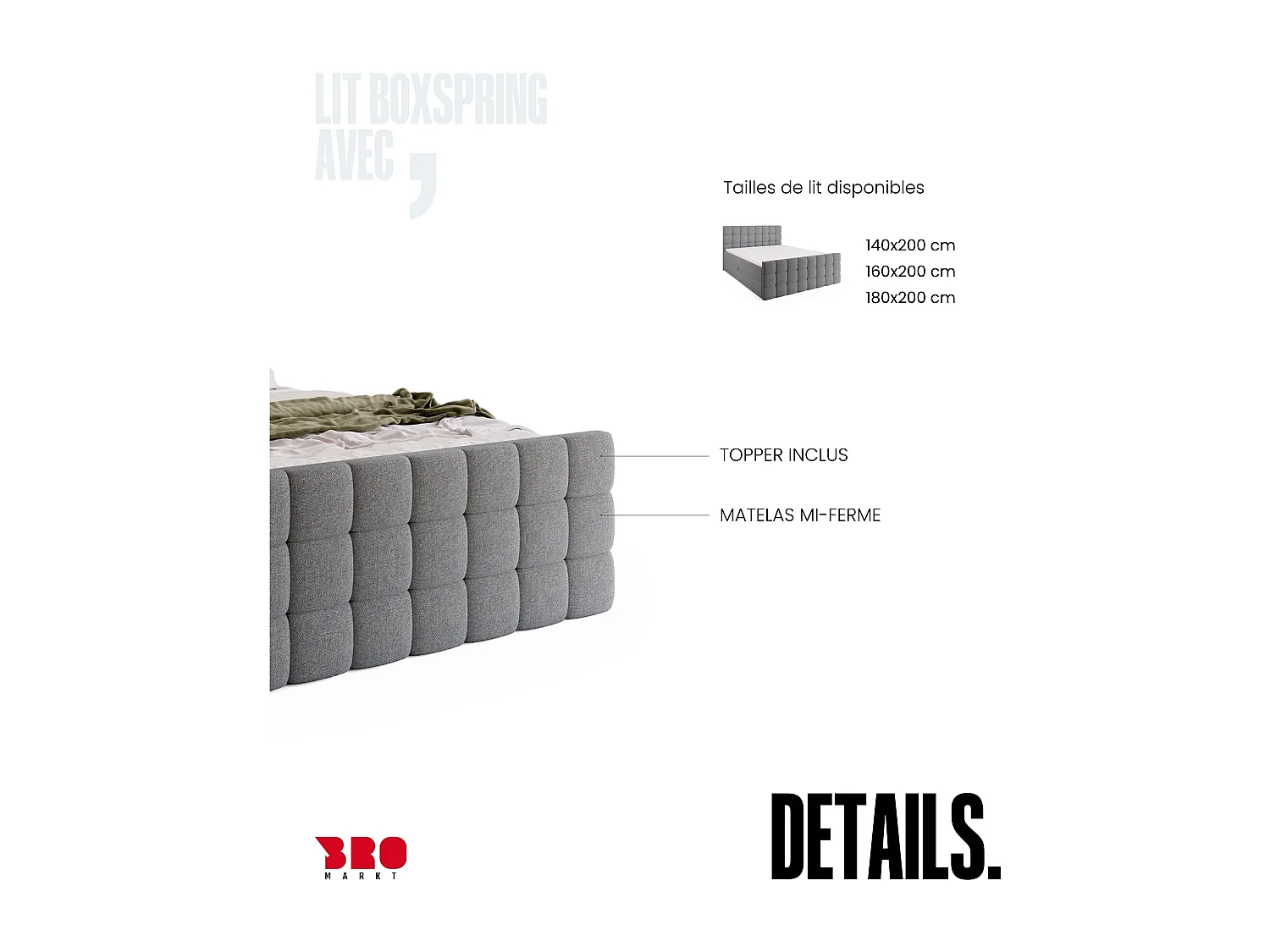 Lit boxspring avec rangement DAKOTA DUO - matelas - surmatelas - gris - 180x200 cm