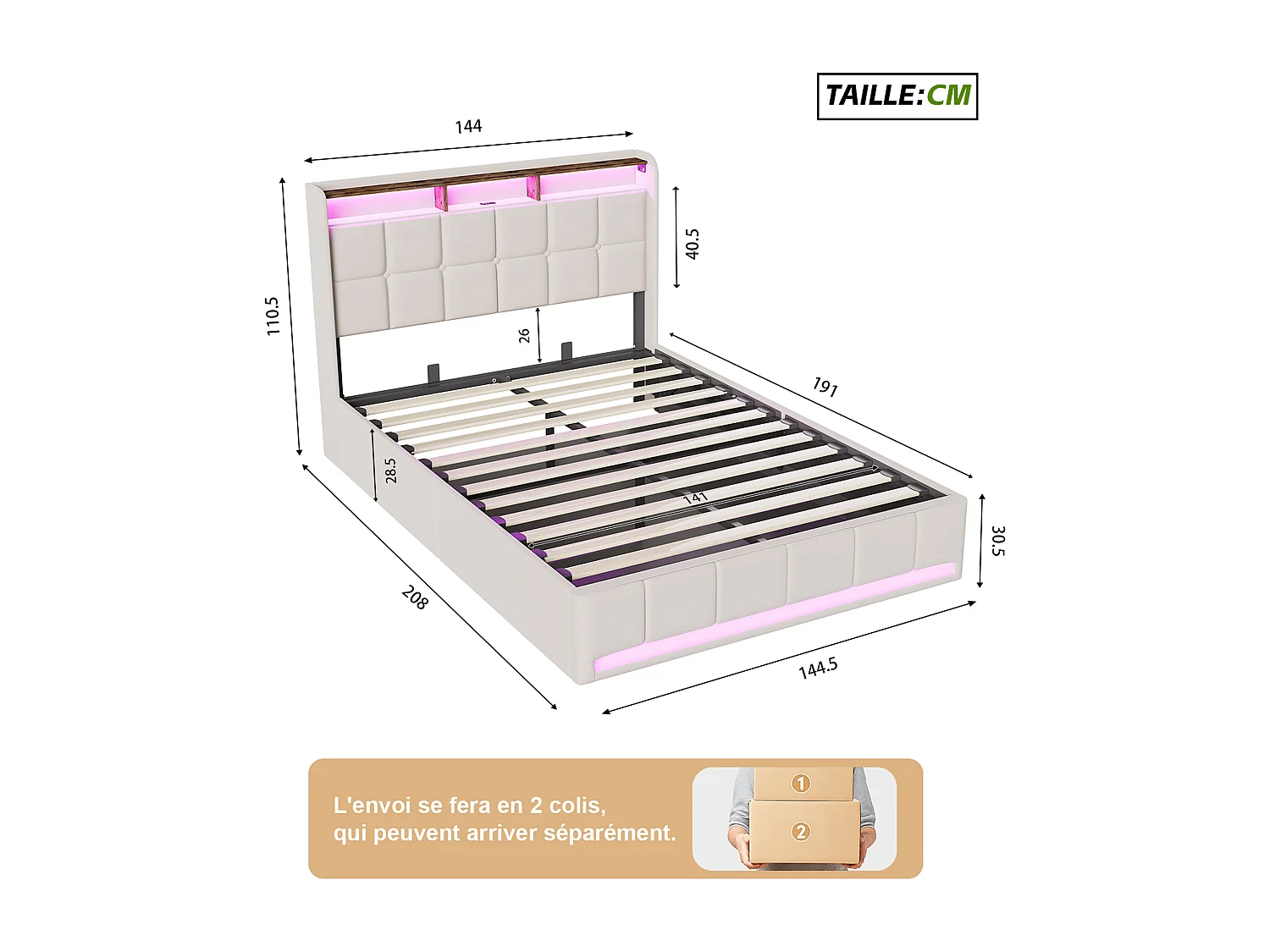 Lit 140x190 cm avec éclairage LED, coffre hydraulique, sommier à lattes, chargeurs USB & Type-C - Tissu lin beige