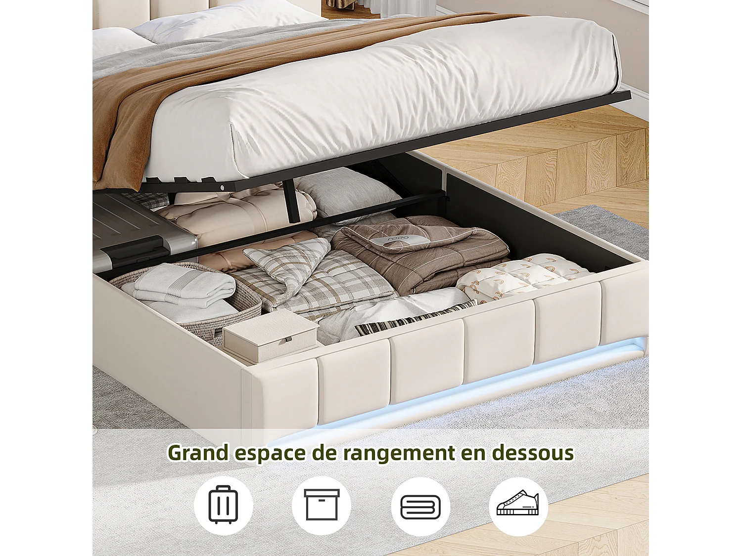 Lit 140x190 cm avec éclairage LED, coffre hydraulique, sommier à lattes, chargeurs USB & Type-C - Tissu lin beige