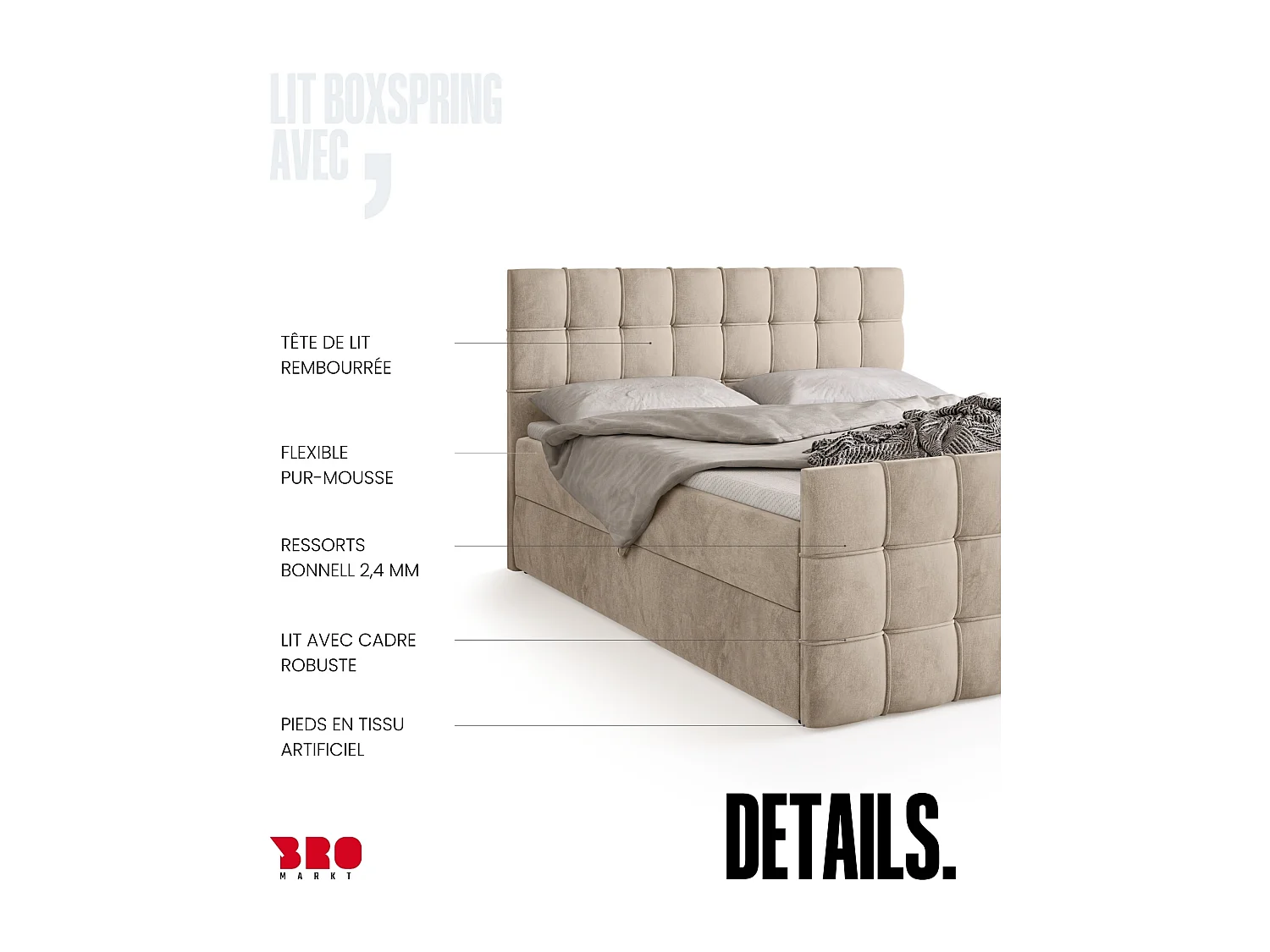 Lit boxspring avec rangement DETROIT DUO - matelas - surmatelas - camel - 180x200 cm
