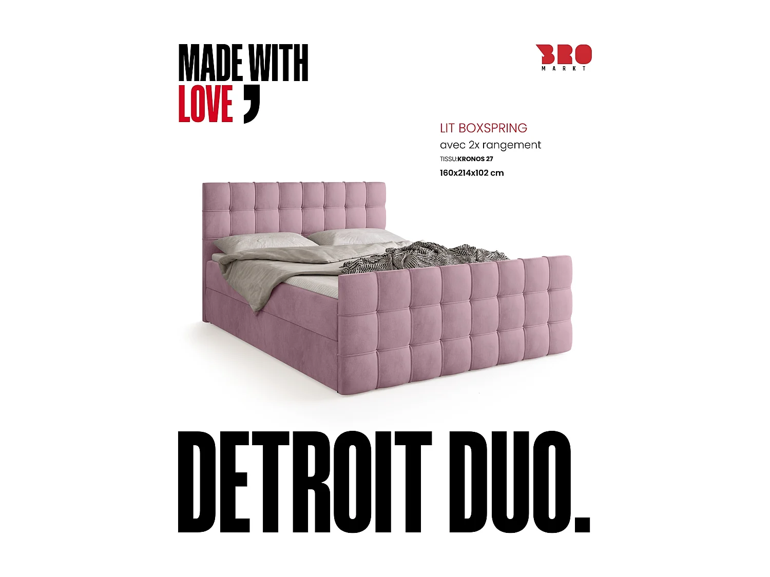 Lit boxspring avec rangement DETROIT DUO - matelas - surmatelas - rose poudré - 160x200 cm