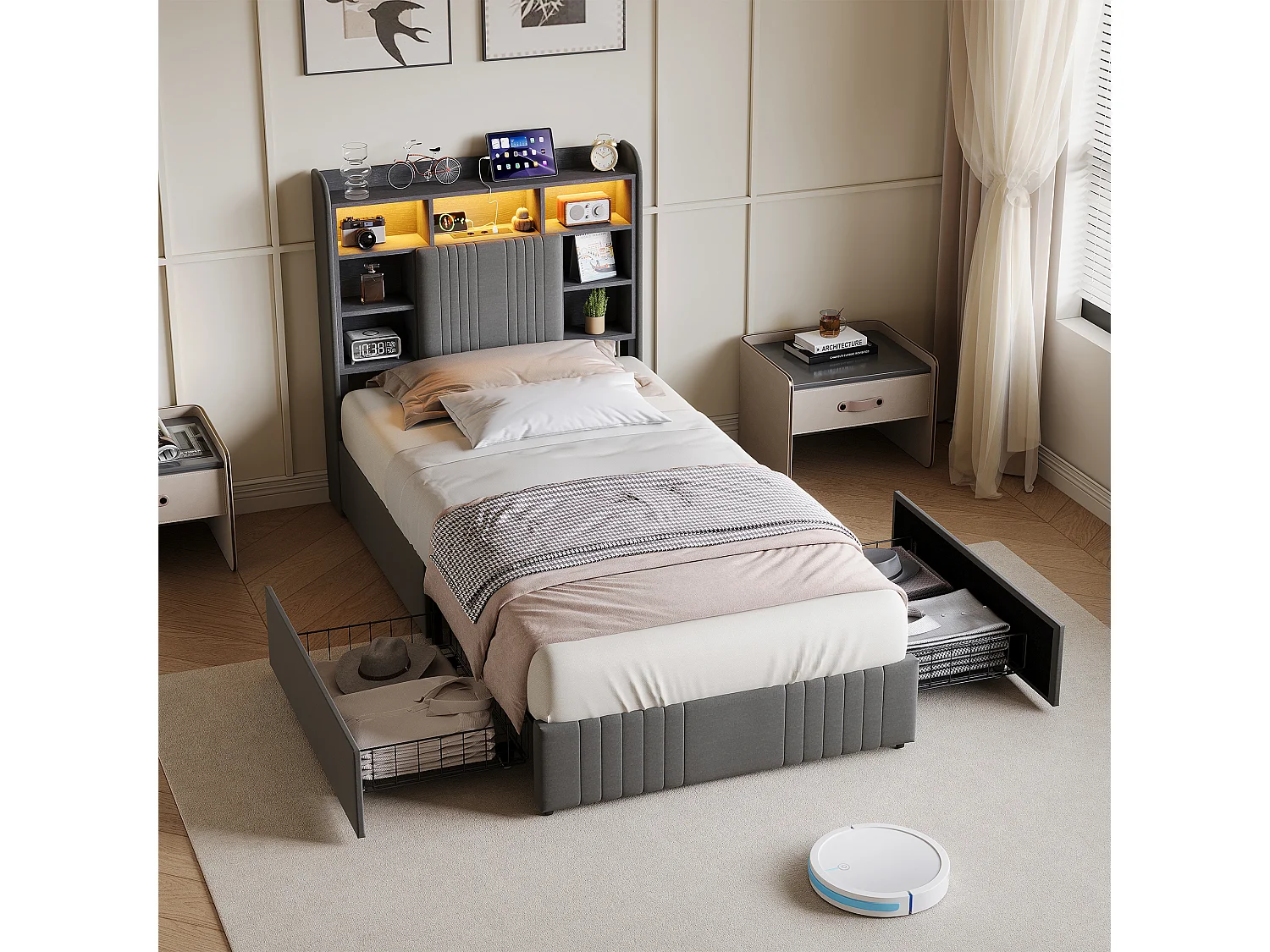 90 x 200 cm großes Bett mit 2 Schubladen, LED-Beleuchtung, USB-C-Anschluss, Nachttischen mit Stauraum, offenen Fächern und Lattenrost – Grau