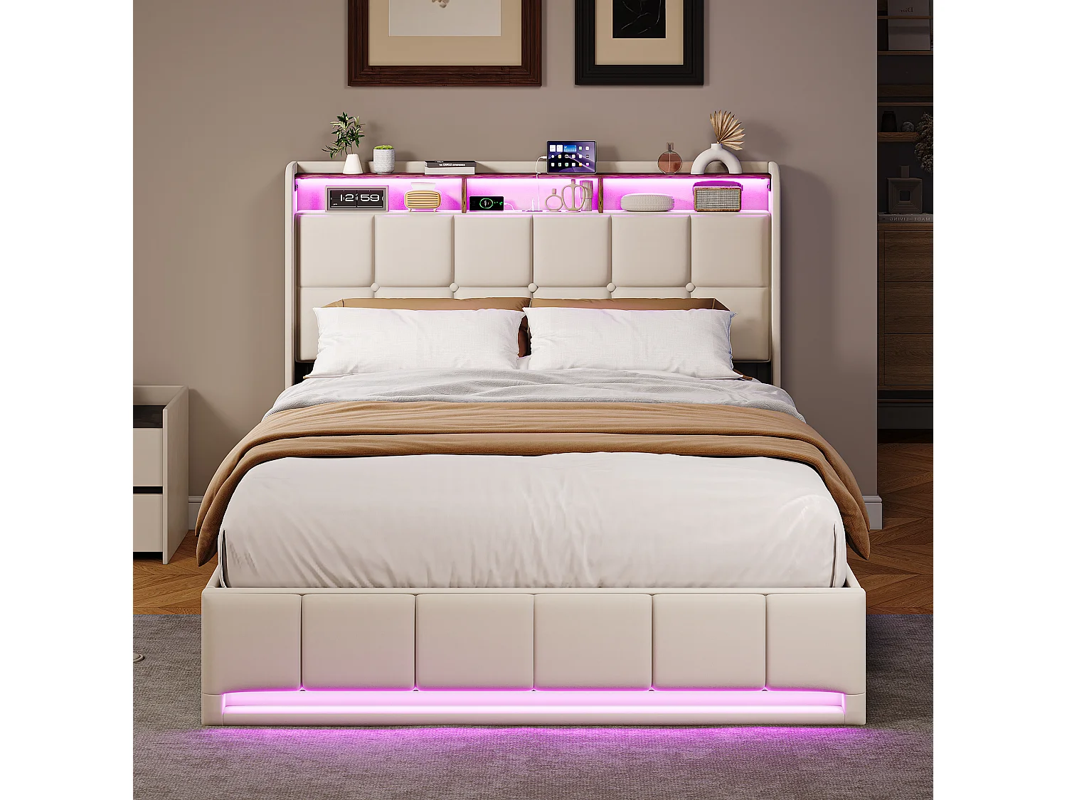Lit 160x200 cm avec éclairage LED, coffre hydraulique, sommier à lattes, chargeurs USB & Type-C - Tissu lin beige