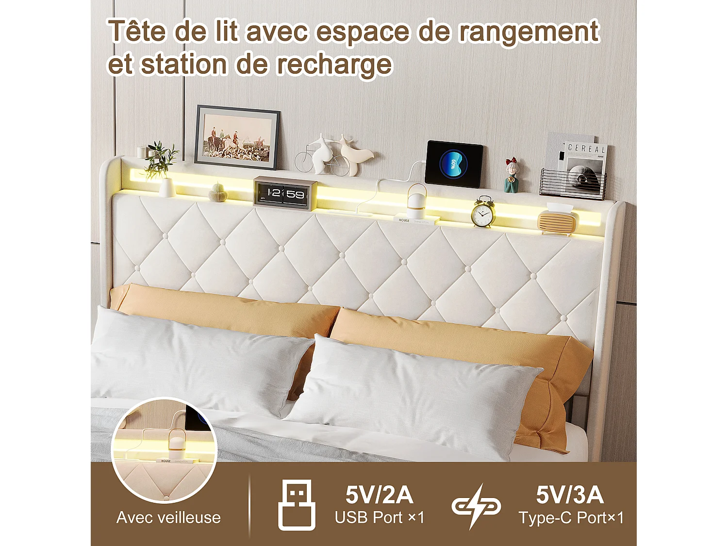 Bett (160 x 200 cm) mit 4 Schubladen, LED-Beleuchtung, Nachttischen mit Stauraum, offenen Fächern, Lattenrost, USB- und Typ-C-Ladeanschlüssen – Beige