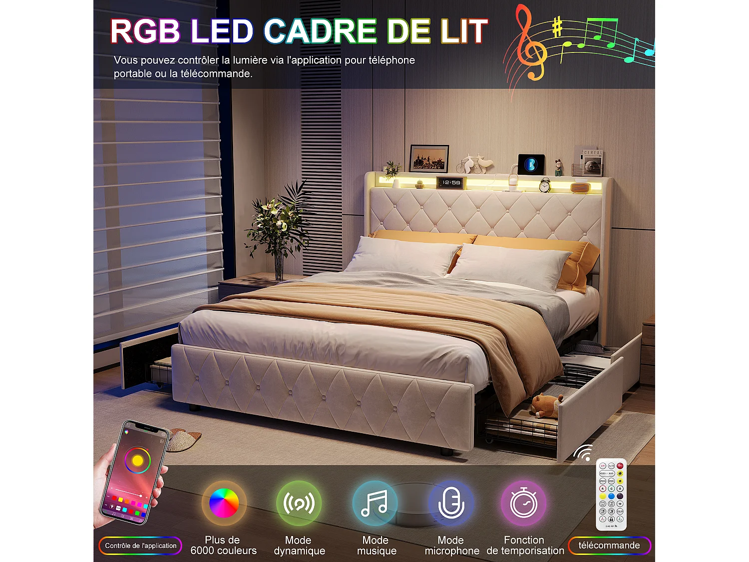 Bett (160 x 200 cm) mit 4 Schubladen, LED-Beleuchtung, Nachttischen mit Stauraum, offenen Fächern, Lattenrost, USB- und Typ-C-Ladeanschlüssen – Beige