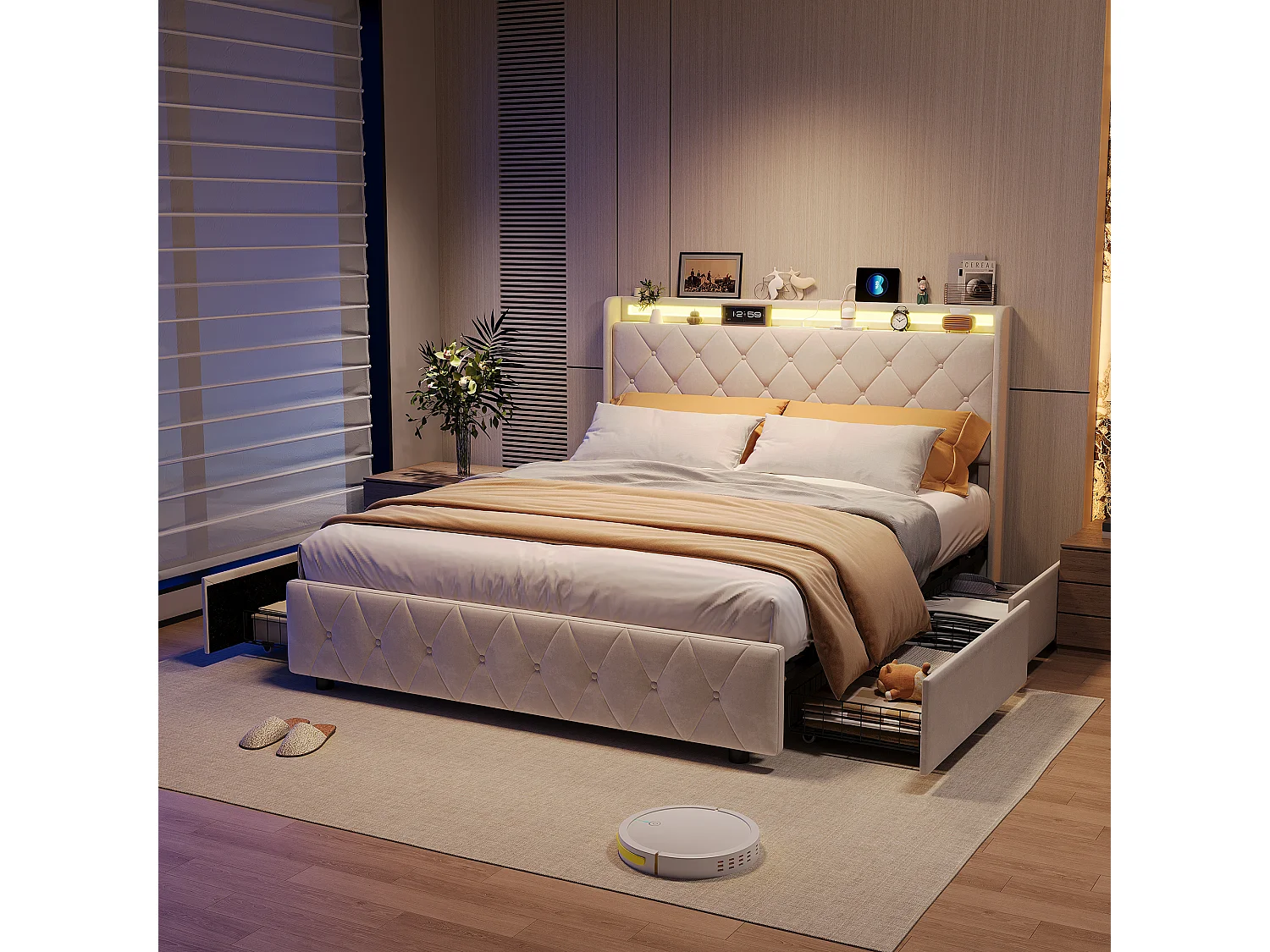 Lit 160x200 cm avec 4 tiroirs, éclairage LED, tables de chevet rangement, cloisons ouvertes, sommier à lattes, chargeurs USB & Type-C - Beige