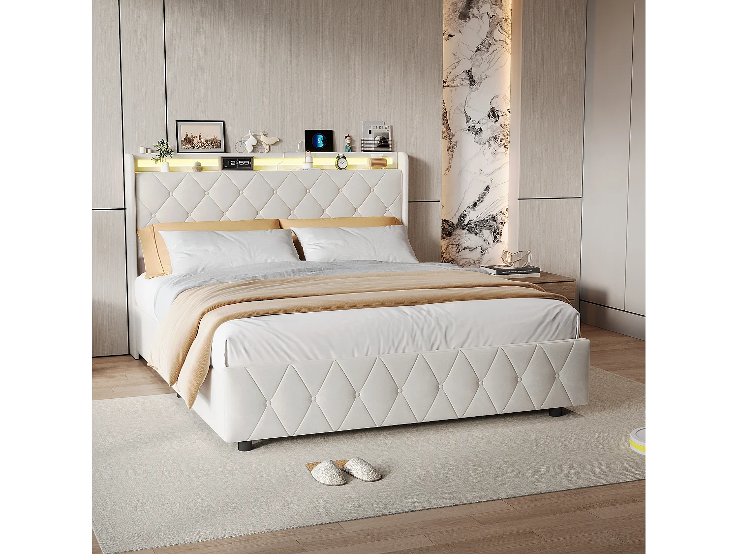 Lit 160x200 cm avec 4 tiroirs, éclairage LED, tables de chevet rangement, cloisons ouvertes, sommier à lattes, chargeurs USB & Type-C - Beige