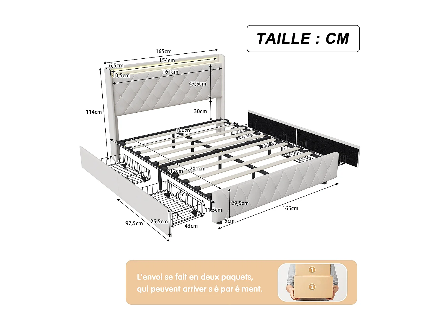 Lit 160x200 cm avec 4 tiroirs, éclairage LED, tables de chevet rangement, cloisons ouvertes, sommier à lattes, chargeurs USB & Type-C - Beige