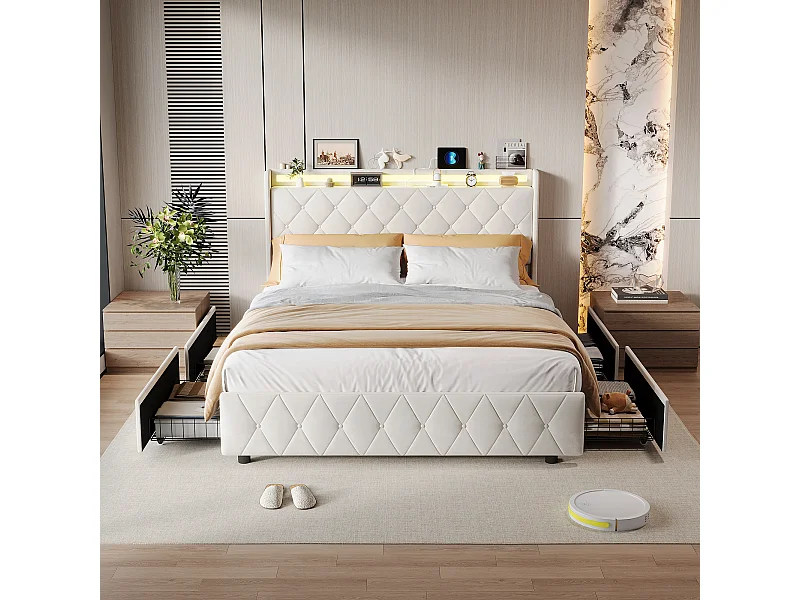 Bett (160 x 200 cm) mit 4 Schubladen, LED-Beleuchtung, Nachttischen mit Stauraum, offenen Fächern, Lattenrost, USB- und Typ-C-Ladeanschlüssen – Beige