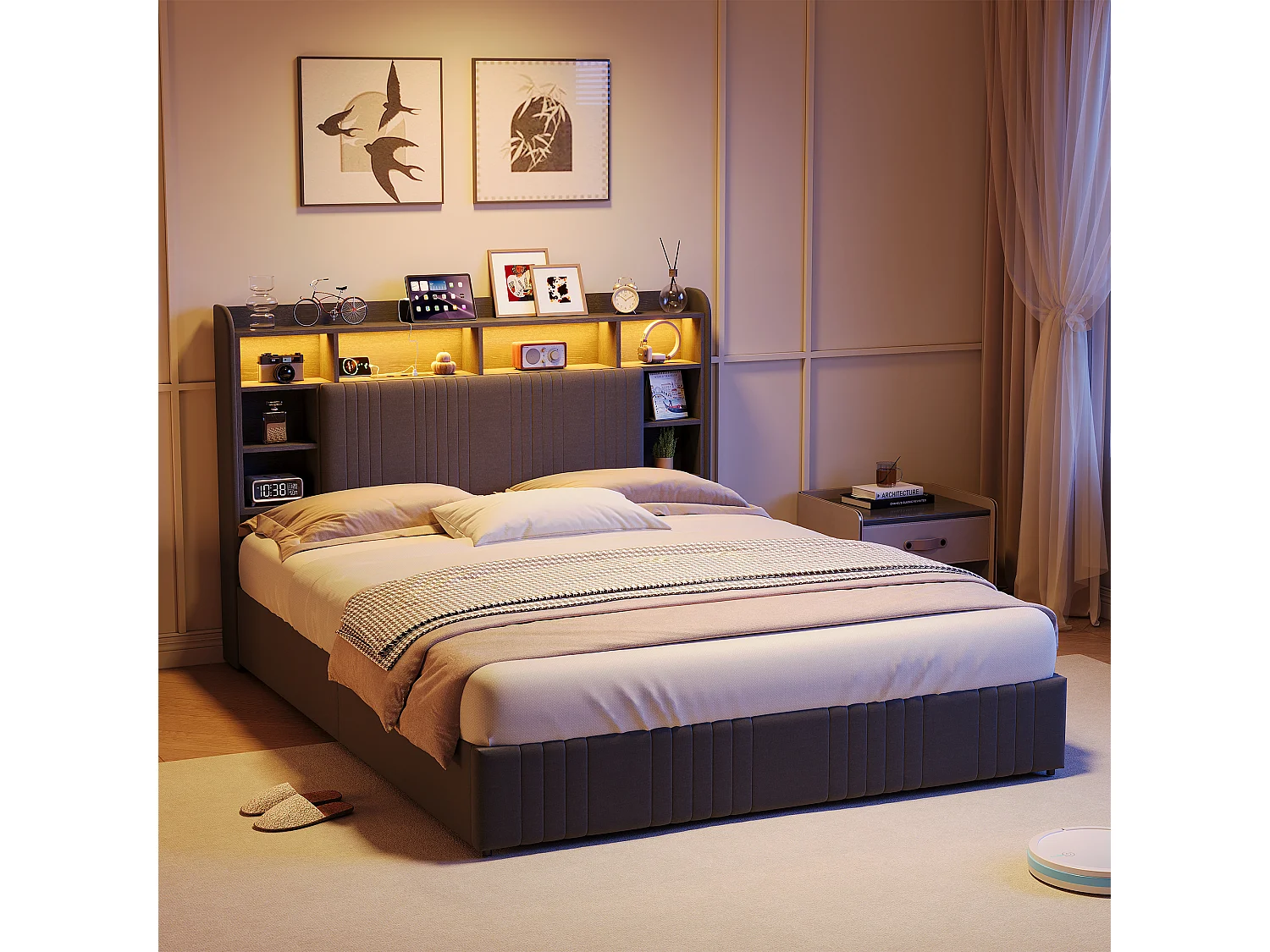 Letto 160x200 cm con 4 cassetti, illuminazione a LED, USB Type-C, comodini con contenitore, divisori a giorno, rete a doghe - Grigio