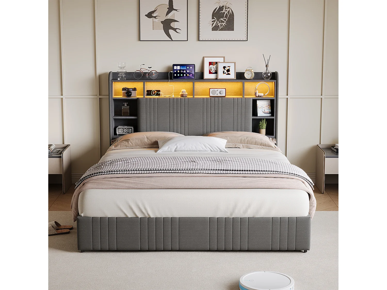 Letto 160x200 cm con 4 cassetti, illuminazione a LED, USB Type-C, comodini con contenitore, divisori a giorno, rete a doghe - Grigio