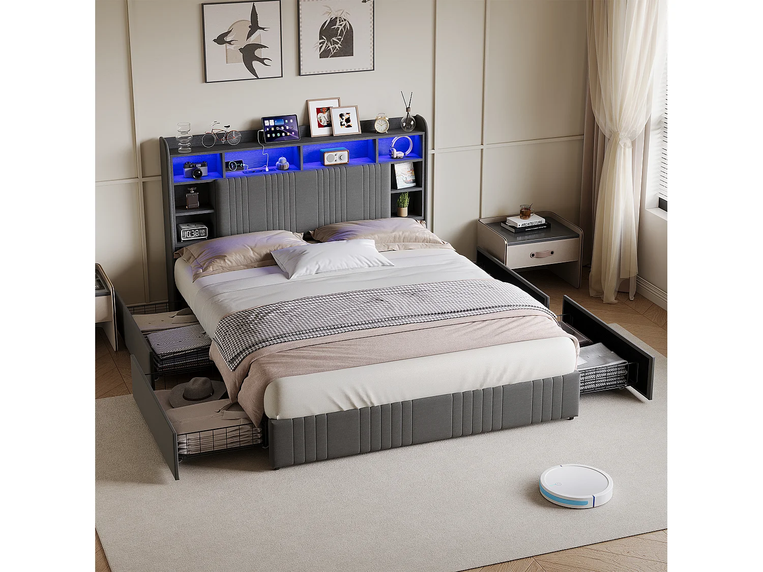 Letto 160x200 cm con 4 cassetti, illuminazione a LED, USB Type-C, comodini con contenitore, divisori a giorno, rete a doghe - Grigio