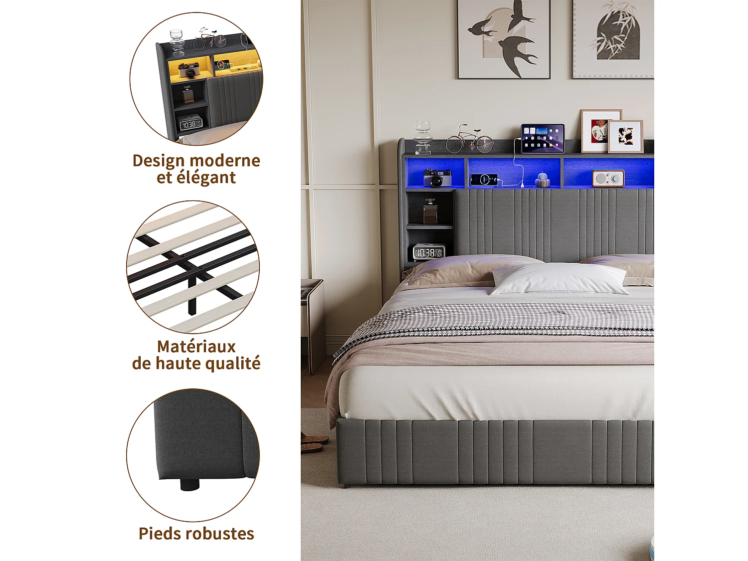 Letto 160x200 cm con 4 cassetti, illuminazione a LED, USB Type-C, comodini con contenitore, divisori a giorno, rete a doghe - Grigio