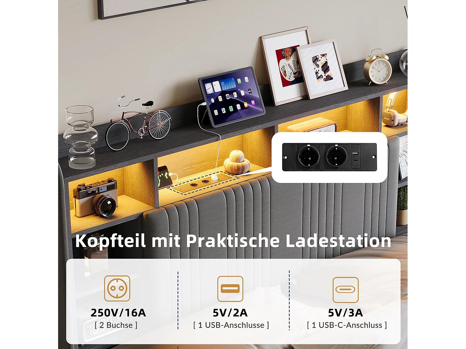 Letto 160x200 cm con 4 cassetti, illuminazione a LED, USB Type-C, comodini con contenitore, divisori a giorno, rete a doghe - Grigio