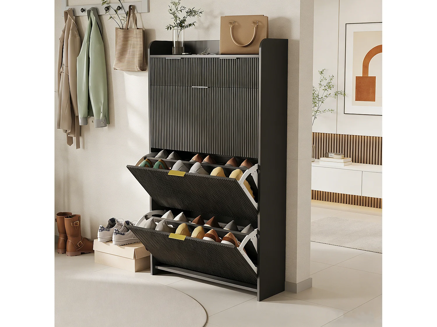 Meuble à chaussures 77x24x133 avec trois grands abattants et 2 tiroirs, dispositif anti-basculement, étagère réglable, MDF et Métal, Noir