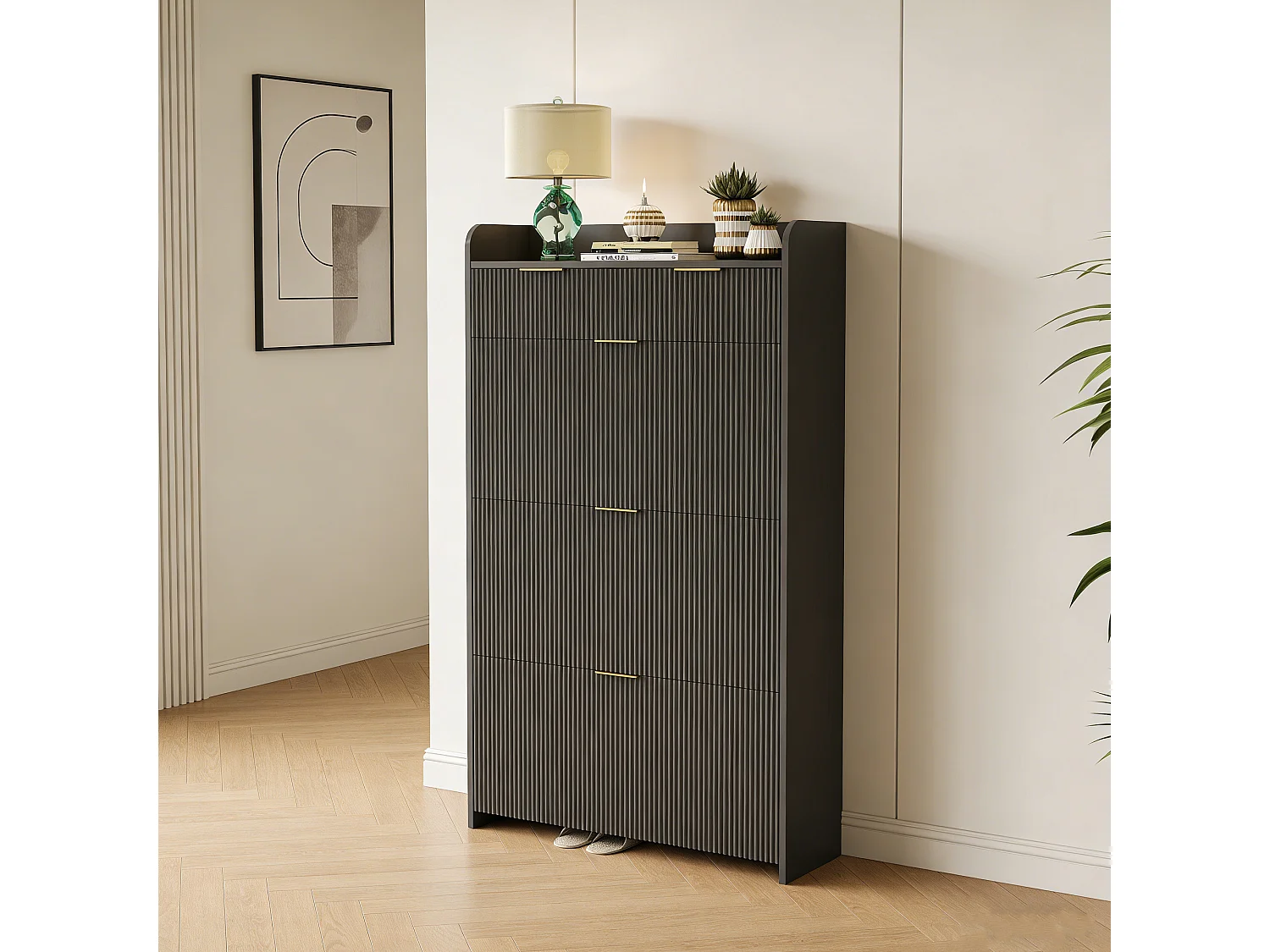 Meuble à chaussures 77x24x133 avec trois grands abattants et 2 tiroirs, dispositif anti-basculement, étagère réglable, MDF et Métal, Noir