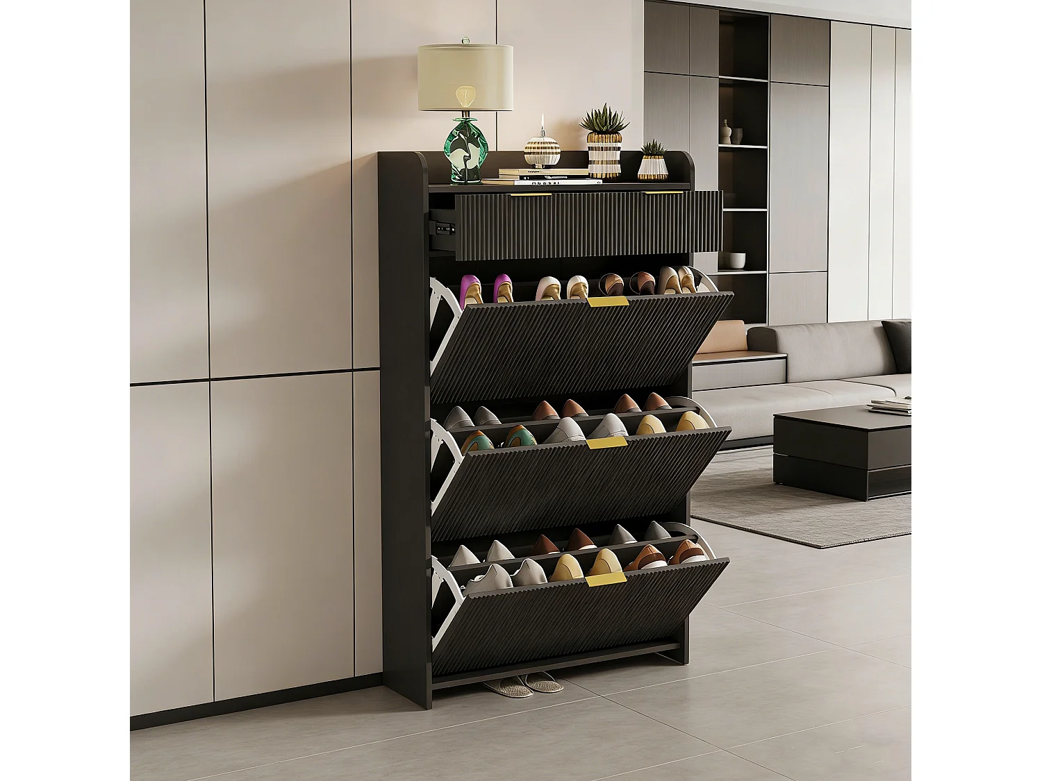 Meuble à chaussures 77x24x133 avec trois grands abattants et 2 tiroirs, dispositif anti-basculement, étagère réglable, MDF et Métal, Noir