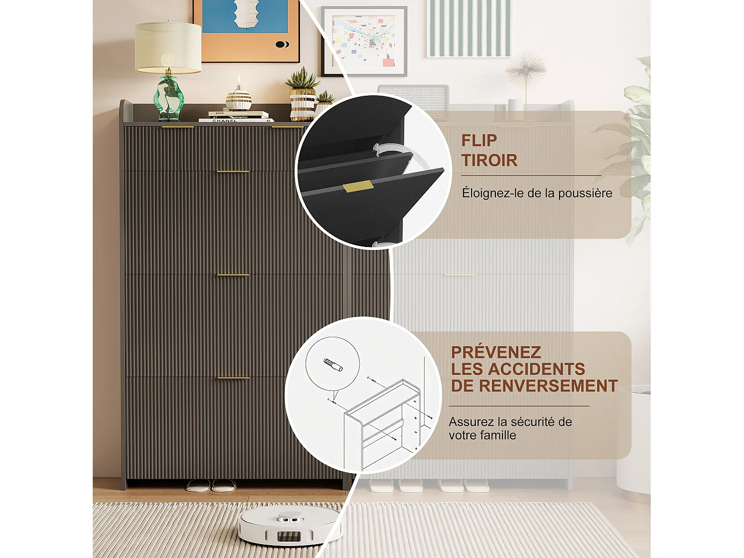 Meuble à chaussures 77x24x133 avec trois grands abattants et 2 tiroirs, dispositif anti-basculement, étagère réglable, MDF et Métal, Noir