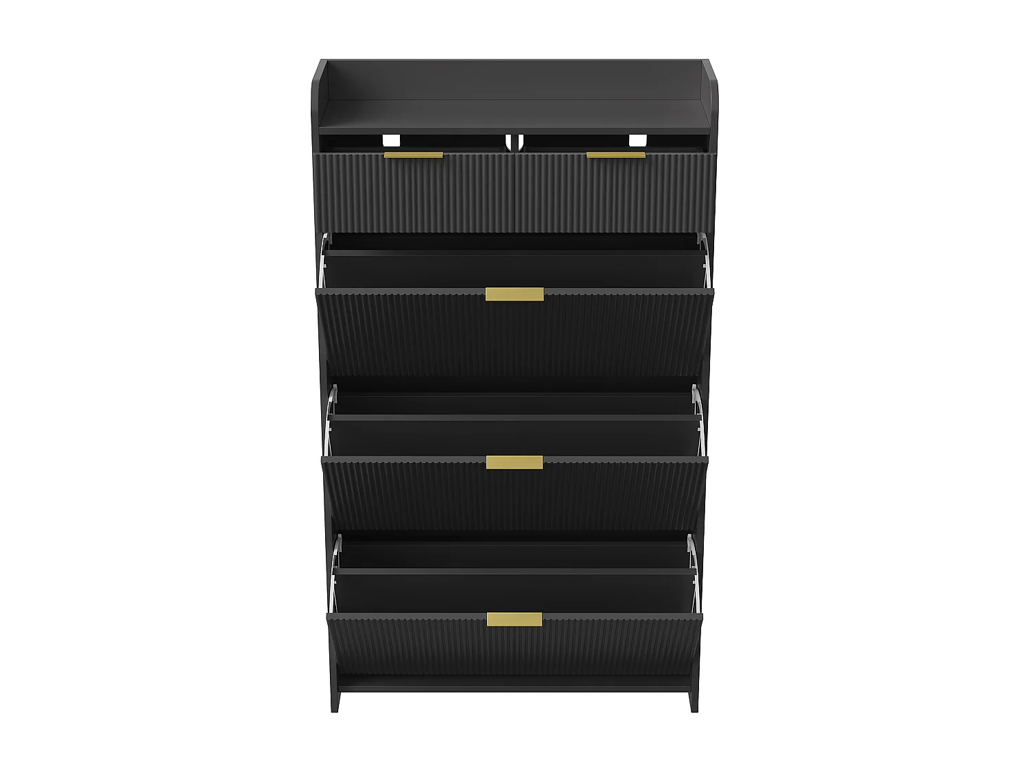 Meuble à chaussures 77x24x133 avec trois grands abattants et 2 tiroirs, dispositif anti-basculement, étagère réglable, MDF et Métal, Noir