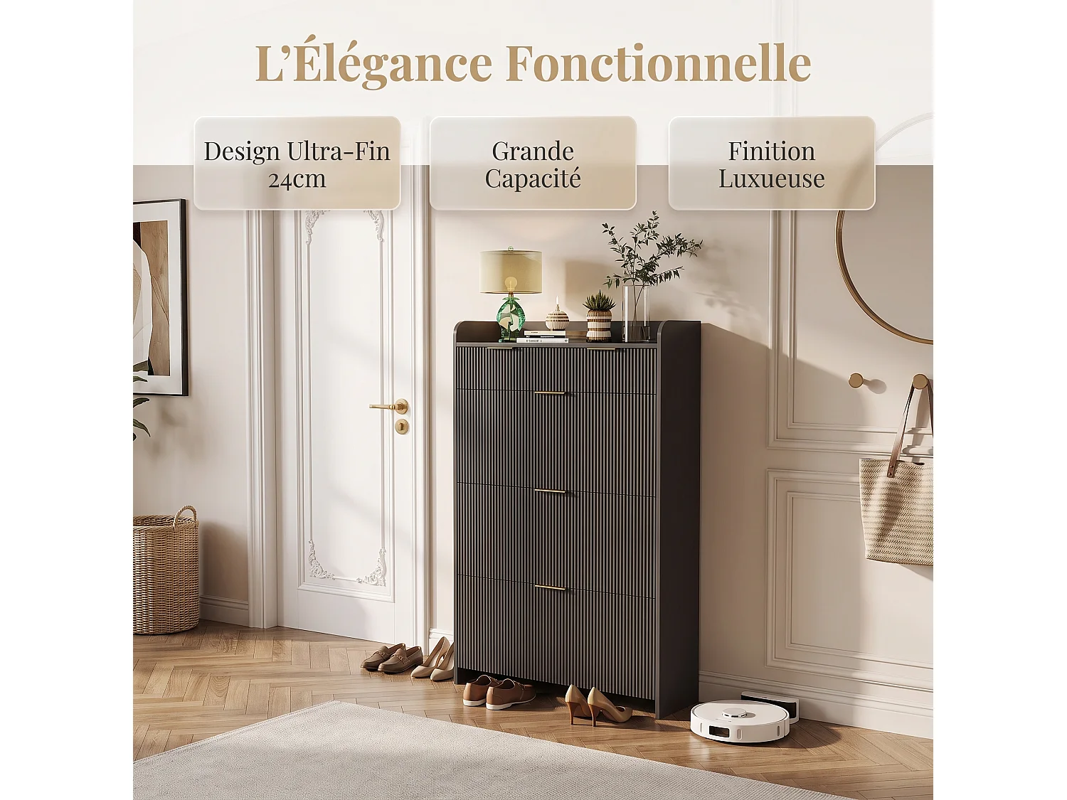 Meuble à chaussures 77 x 24 x 133 cm – 3 abattants, 2 tiroirs et étagère réglable – MDF et métal – Noir