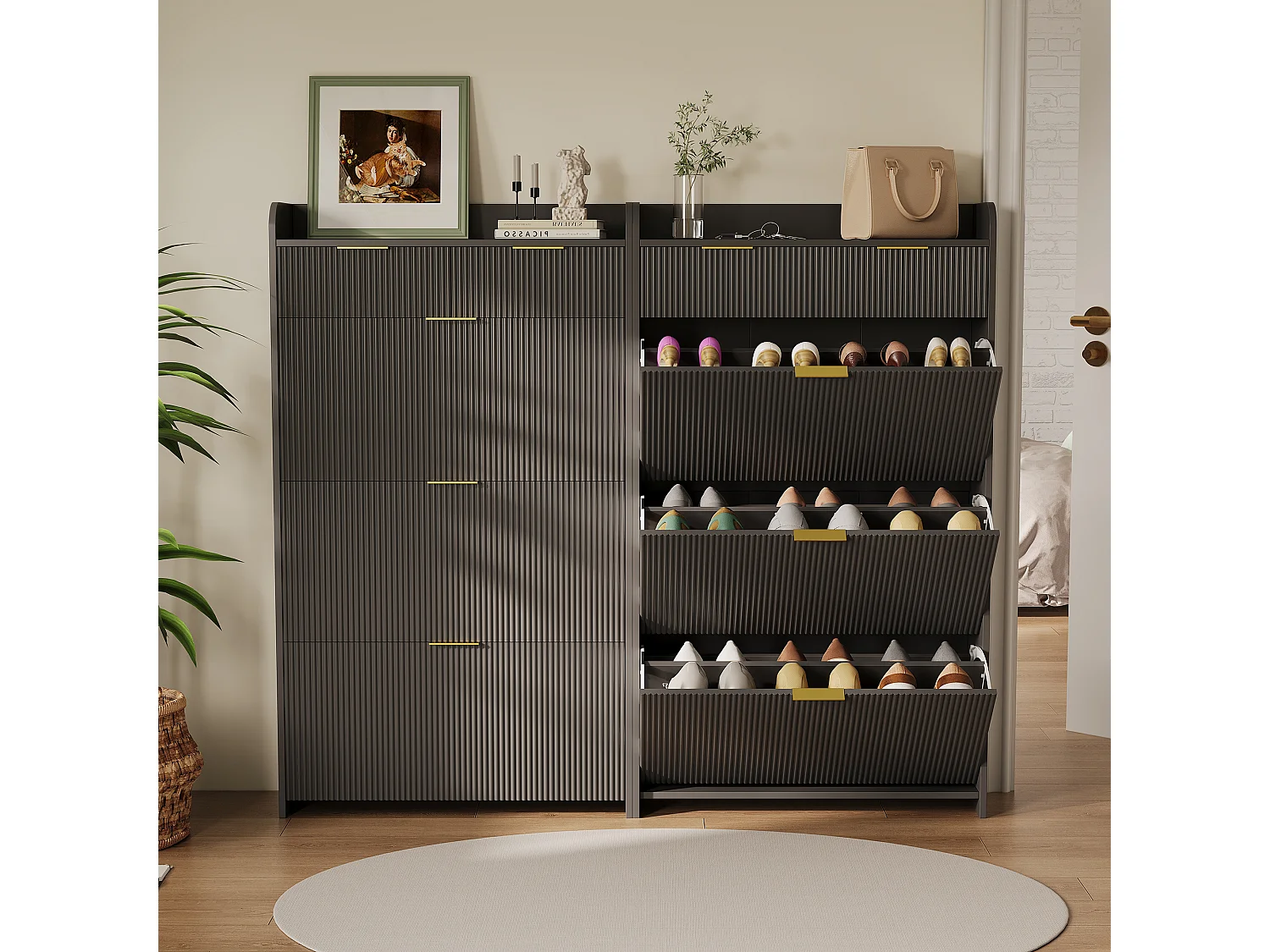 Meuble à chaussures 77 x 24 x 133 cm – 3 abattants, 2 tiroirs et étagère réglable – MDF et métal – Noir