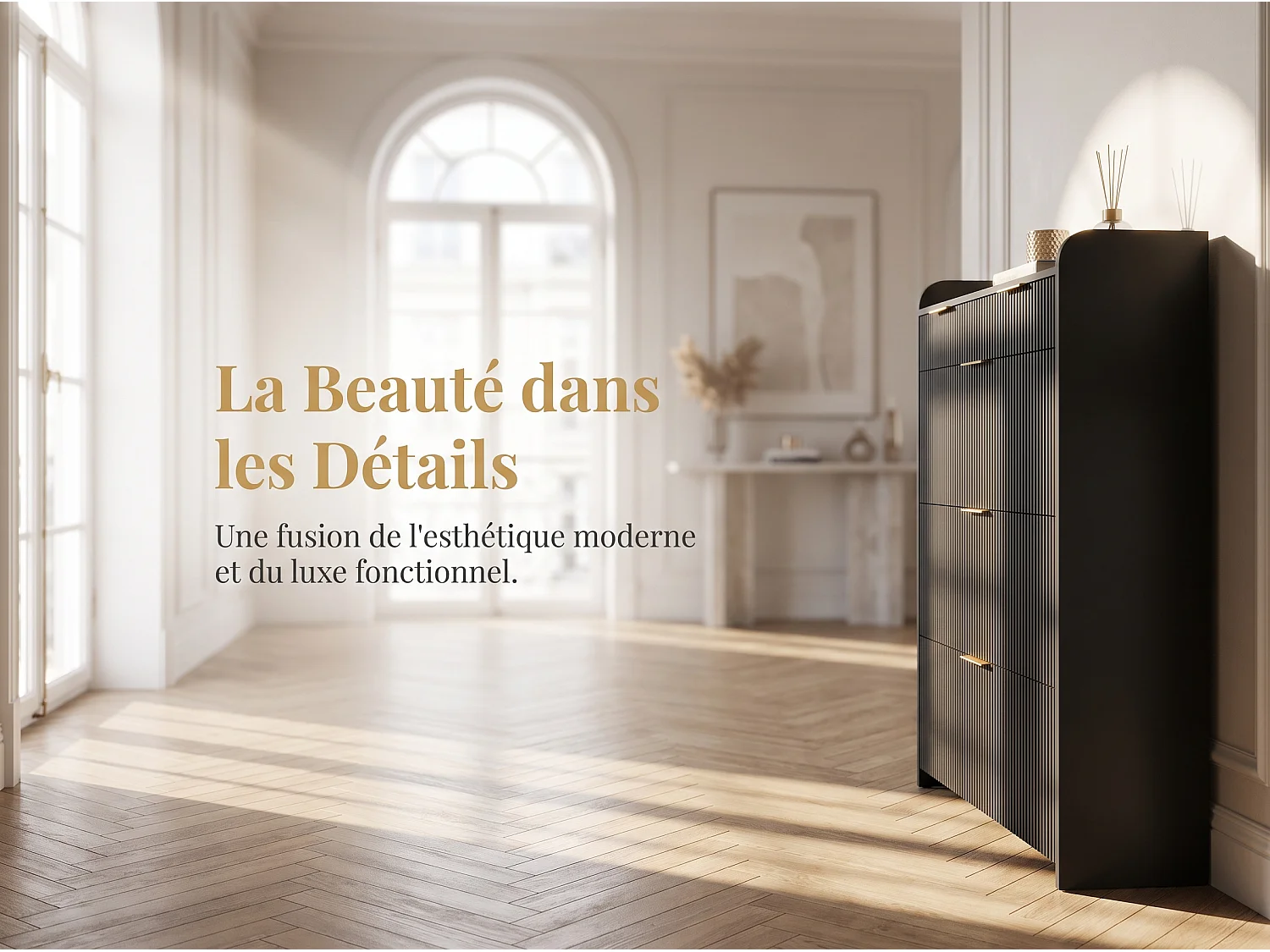 Meuble à chaussures 77 x 24 x 133 cm – 3 abattants, 2 tiroirs et étagère réglable – MDF et métal – Noir