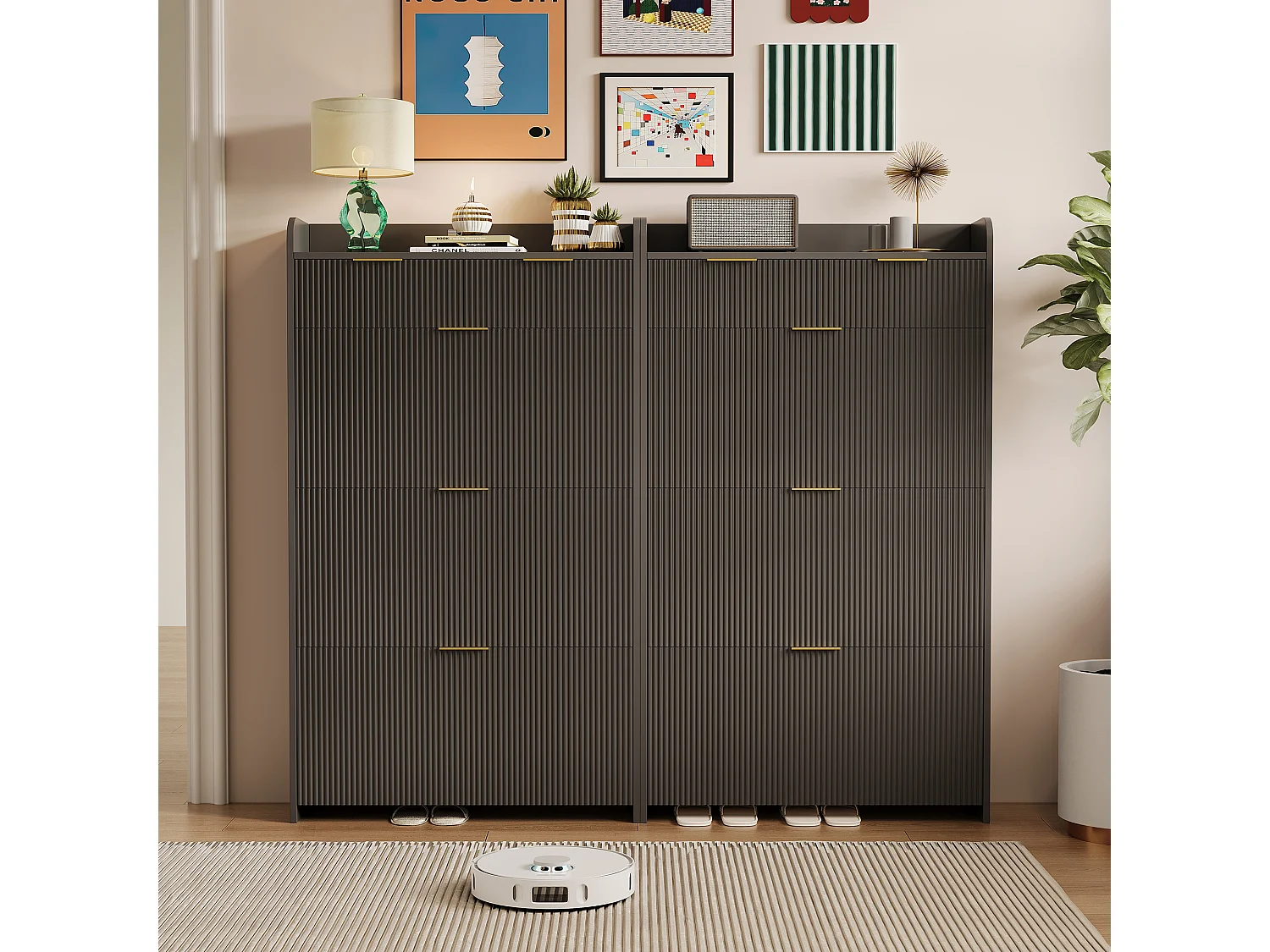 Meuble à chaussures 77 x 24 x 133 cm – 3 abattants, 2 tiroirs et étagère réglable – MDF et métal – Noir