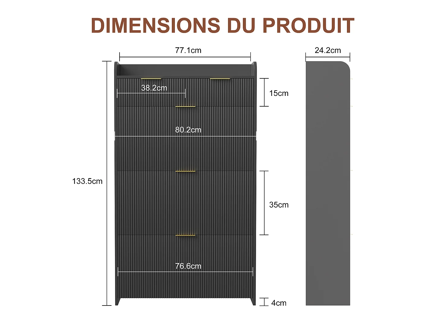 Meuble à chaussures 77 x 24 x 133 cm – 3 abattants, 2 tiroirs et étagère réglable – MDF et métal – Noir