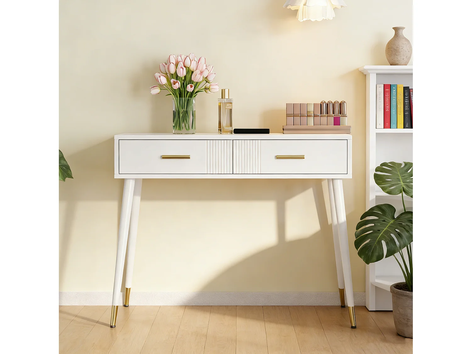 Meuble coiffeuse  avec 2 tiroirs - chambre buffet tiroir commode -pieds en métal - MDF - 100 x 40 x 76 cm - blanc (sans miroir)