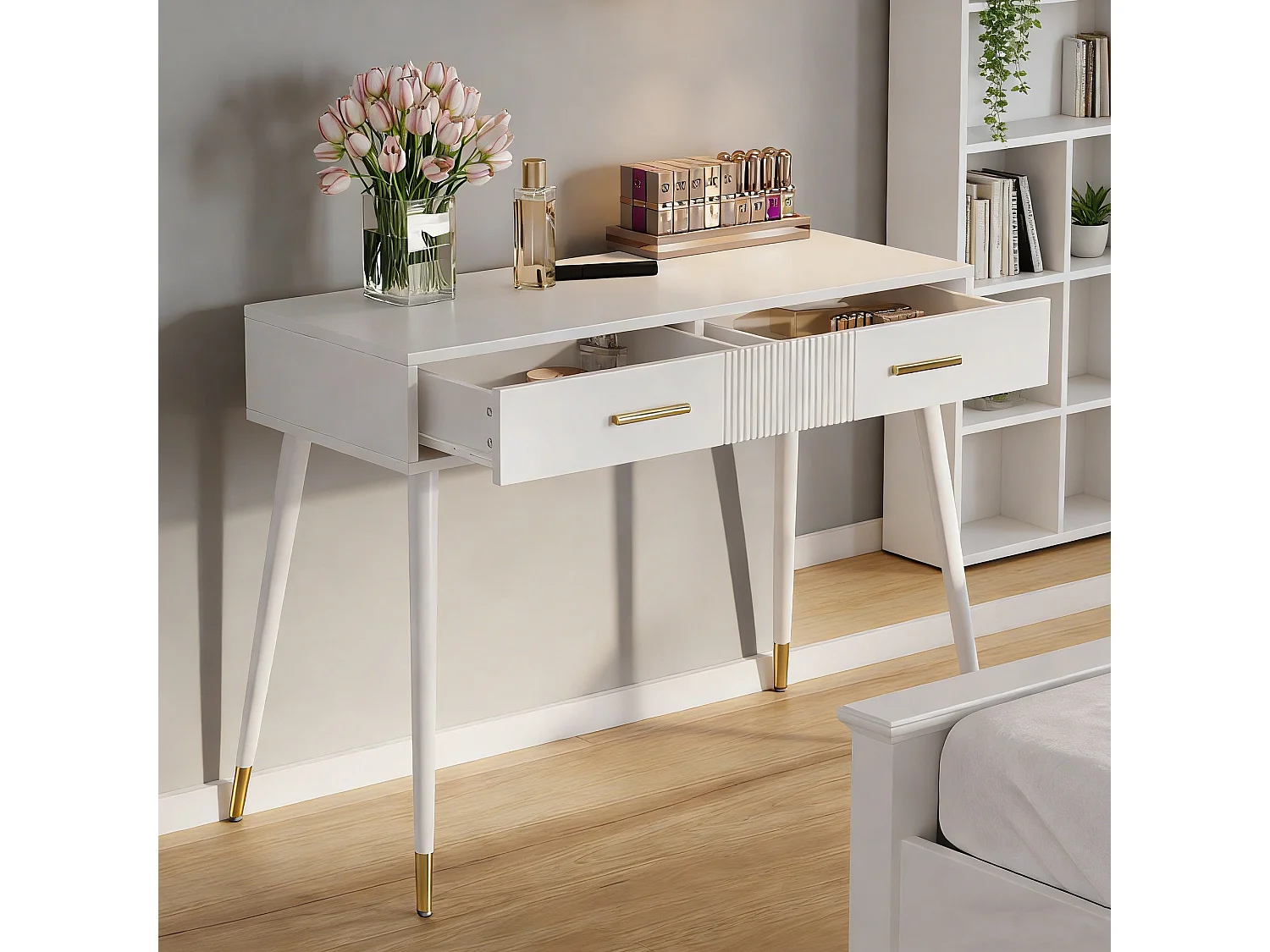 Meuble coiffeuse  avec 2 tiroirs - chambre buffet tiroir commode -pieds en métal - MDF - 100 x 40 x 76 cm - blanc (sans miroir)
