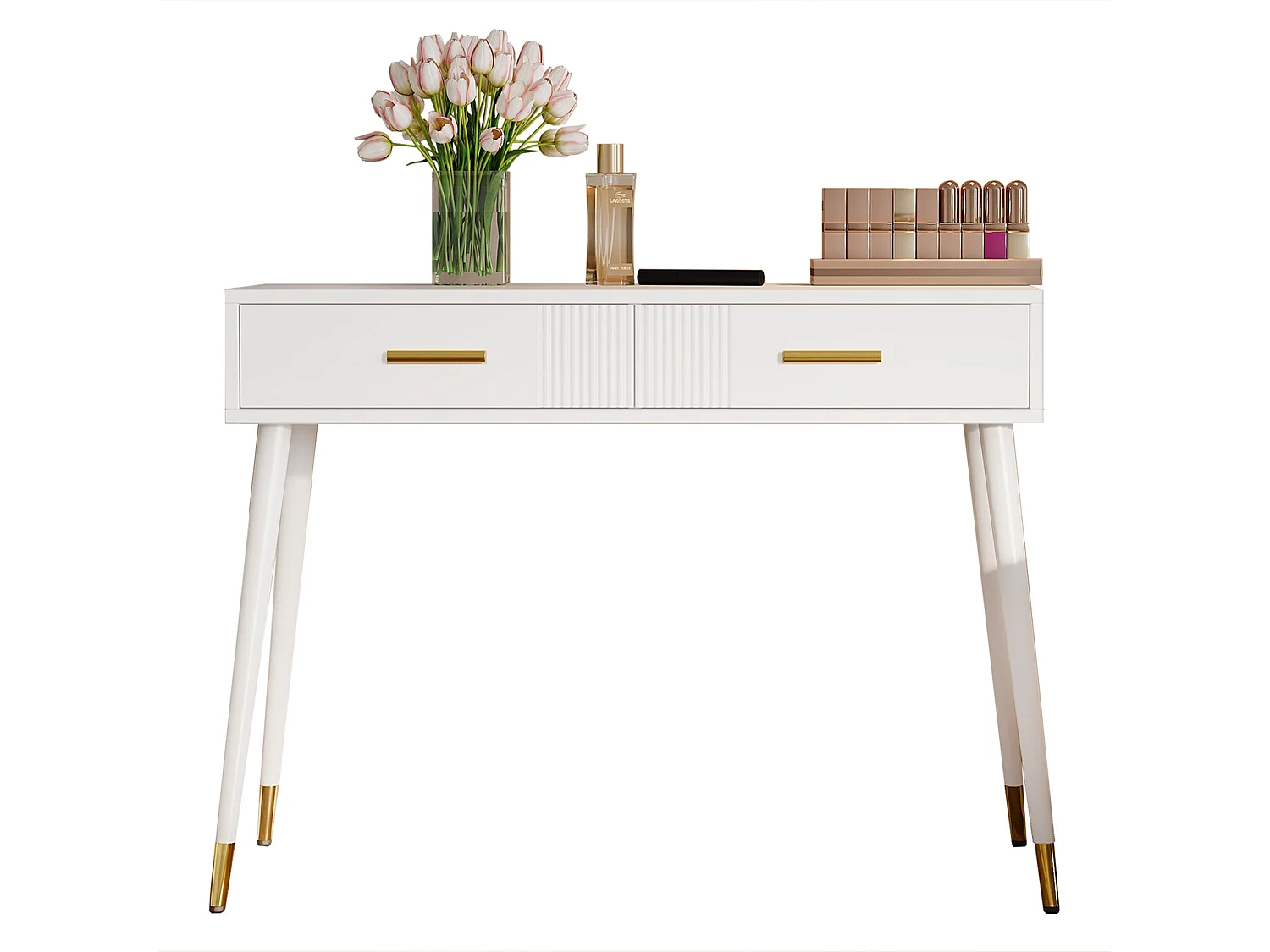 Meuble coiffeuse  avec 2 tiroirs - chambre buffet tiroir commode -pieds en métal - MDF - 100 x 40 x 76 cm - blanc (sans miroir)