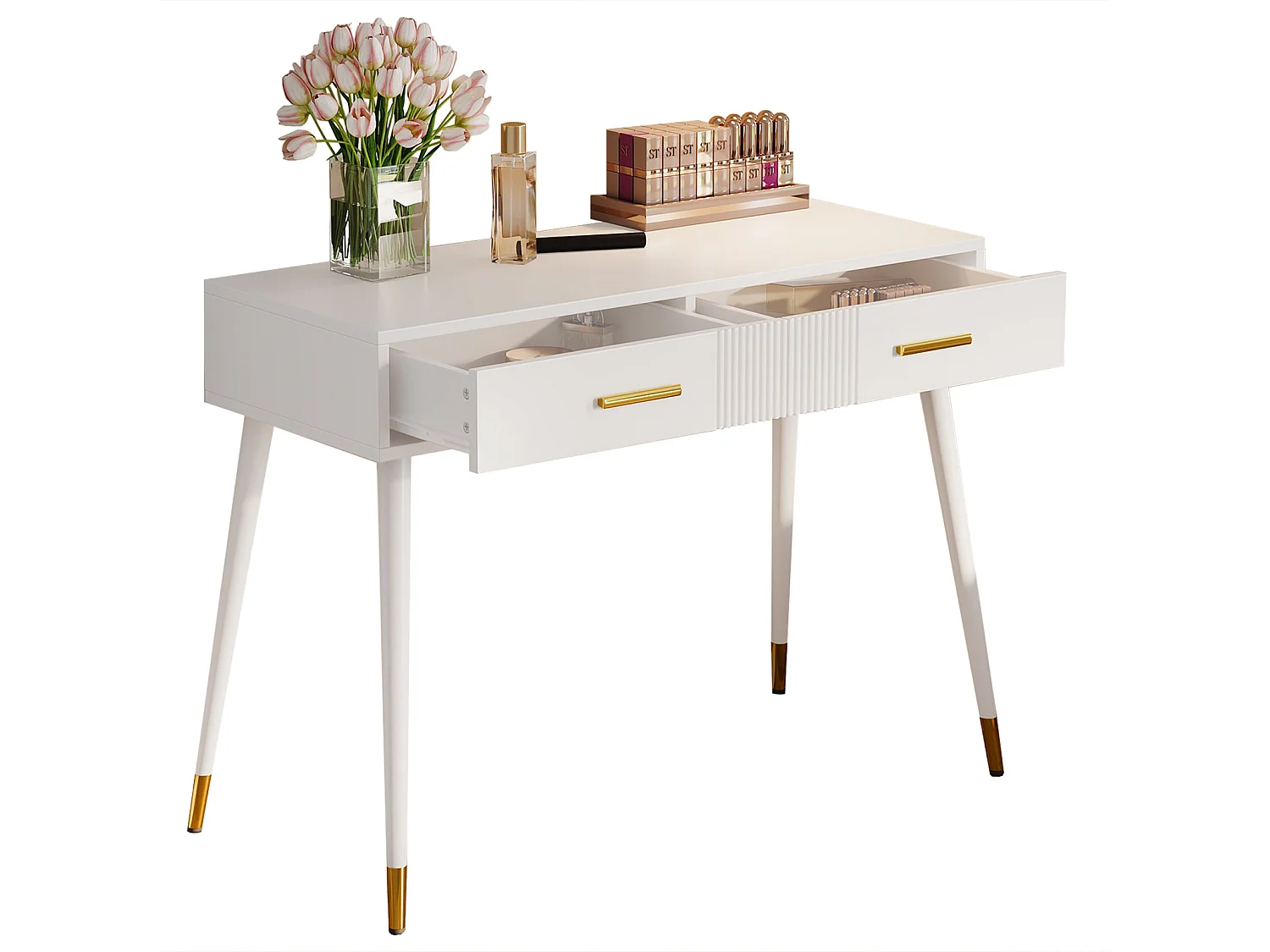 Meuble coiffeuse  avec 2 tiroirs - chambre buffet tiroir commode -pieds en métal - MDF - 100 x 40 x 76 cm - blanc (sans miroir)