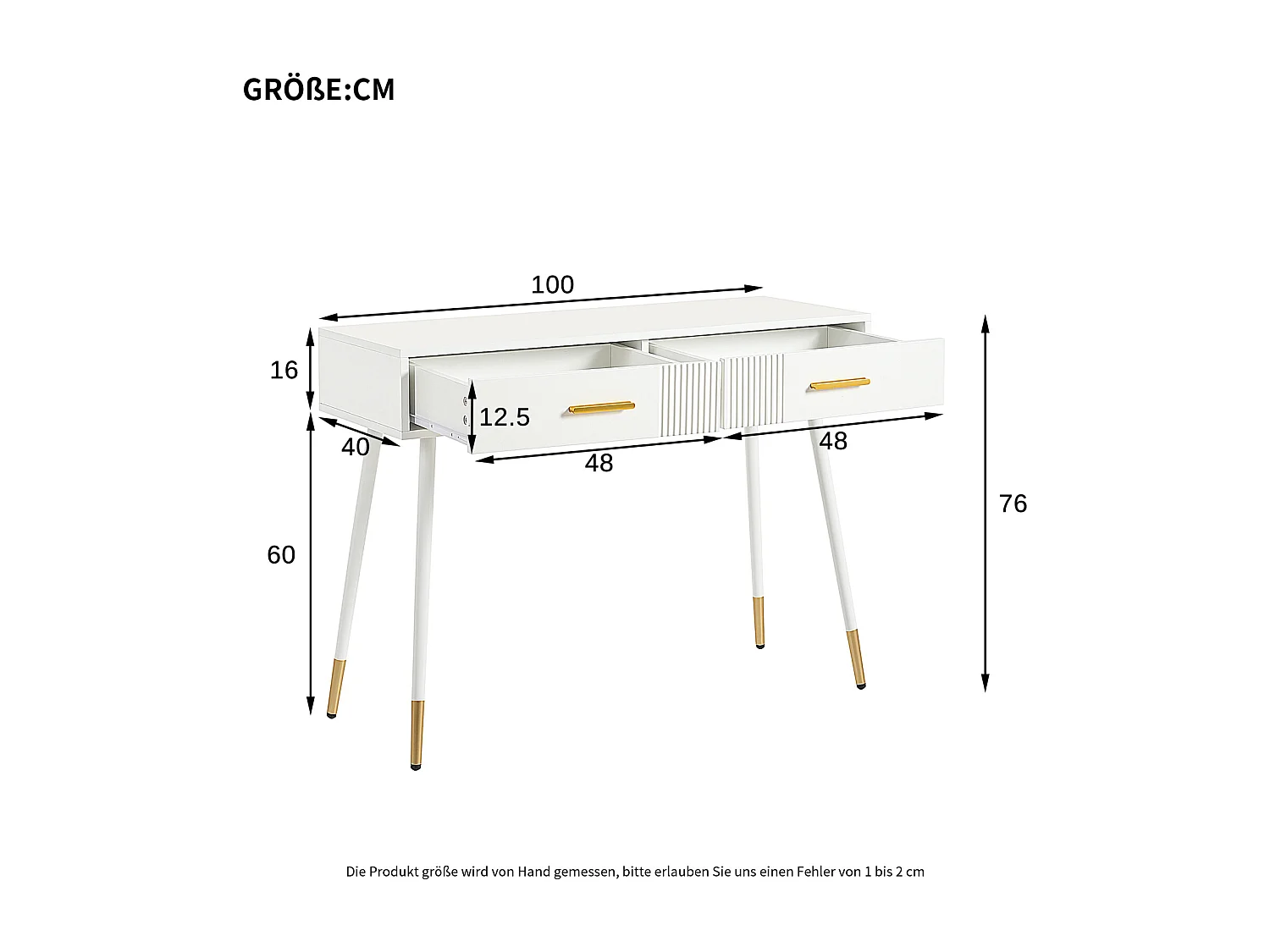 Meuble coiffeuse  avec 2 tiroirs - chambre buffet tiroir commode -pieds en métal - MDF - 100 x 40 x 76 cm - blanc (sans miroir)