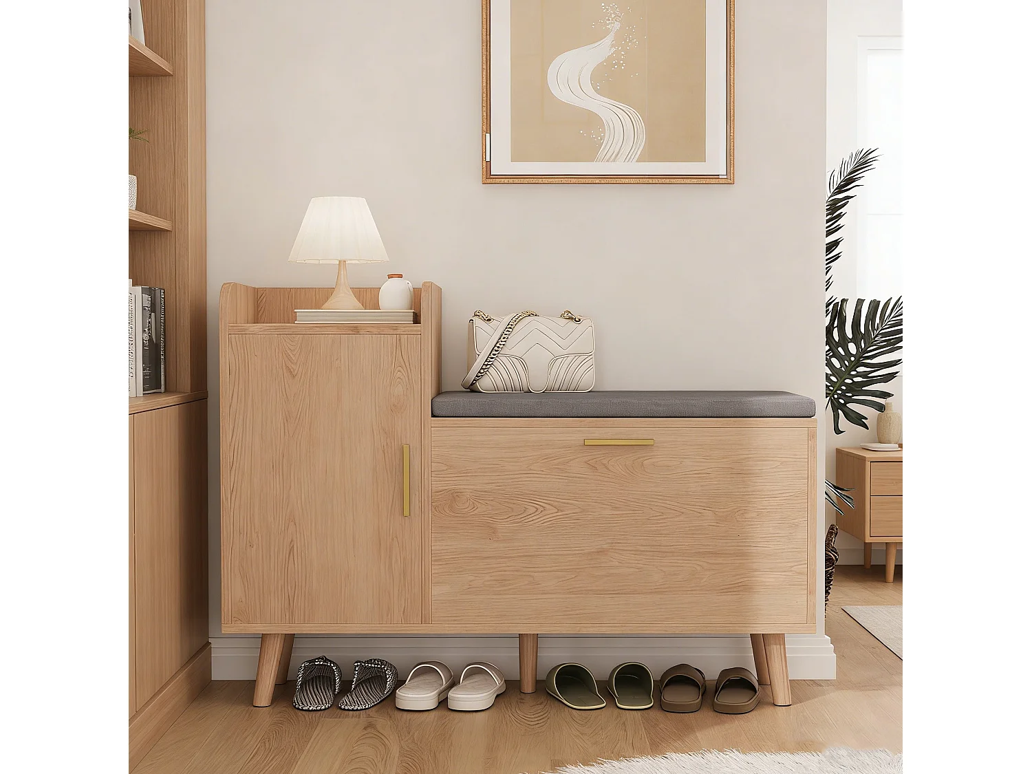 Meuble à chaussures - porte et 3 compartiments abattants -  banquette  - style scandinave - bois - naturel