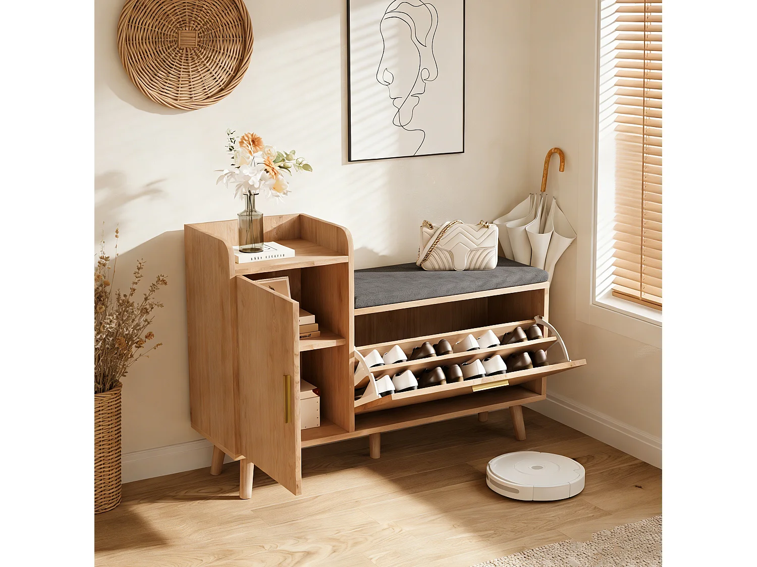 Meuble à chaussures - porte et 3 compartiments abattants -  banquette  - style scandinave - bois - naturel