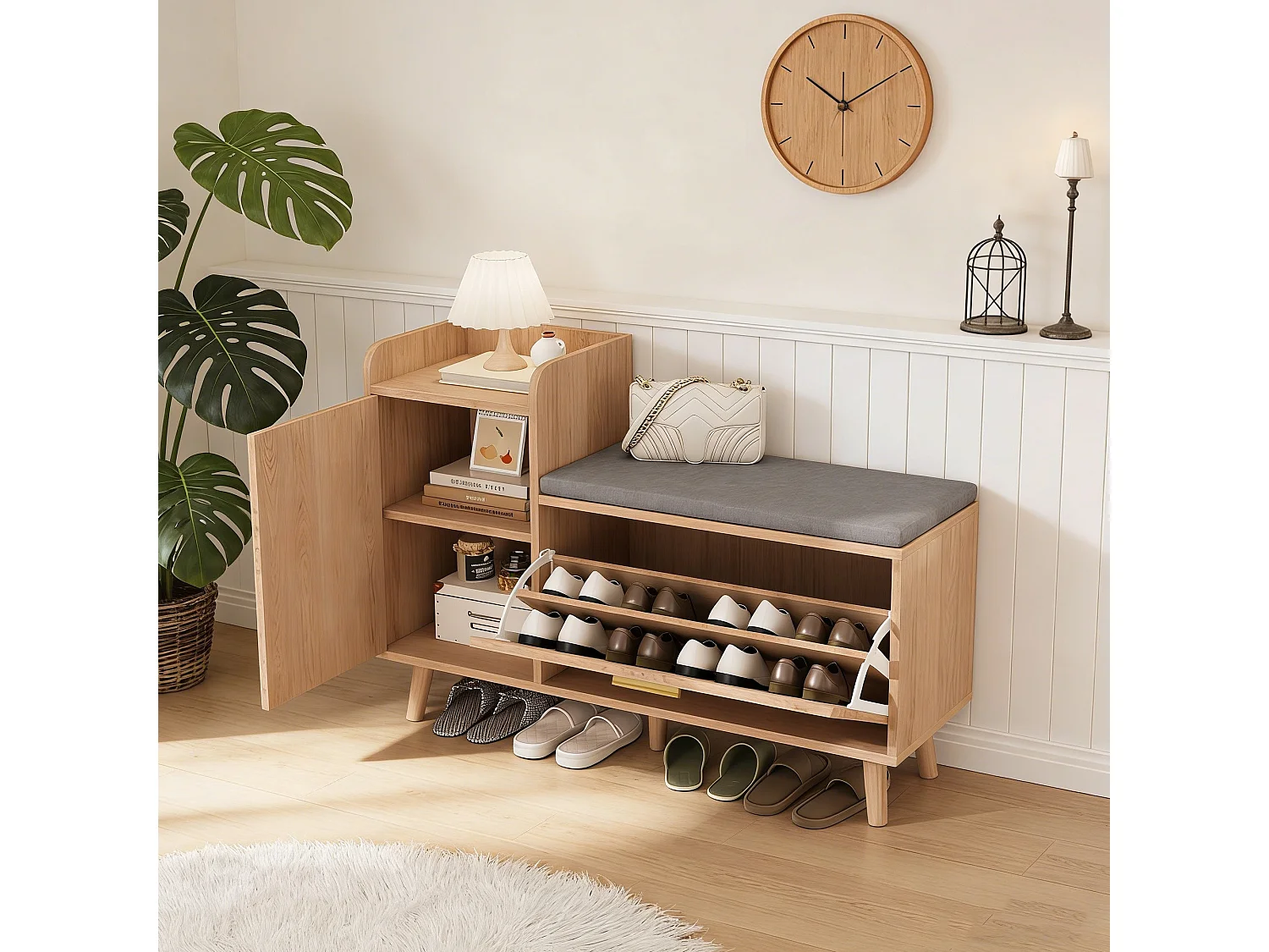 Meuble à chaussures - porte et 3 compartiments abattants -  banquette  - style scandinave - bois - naturel