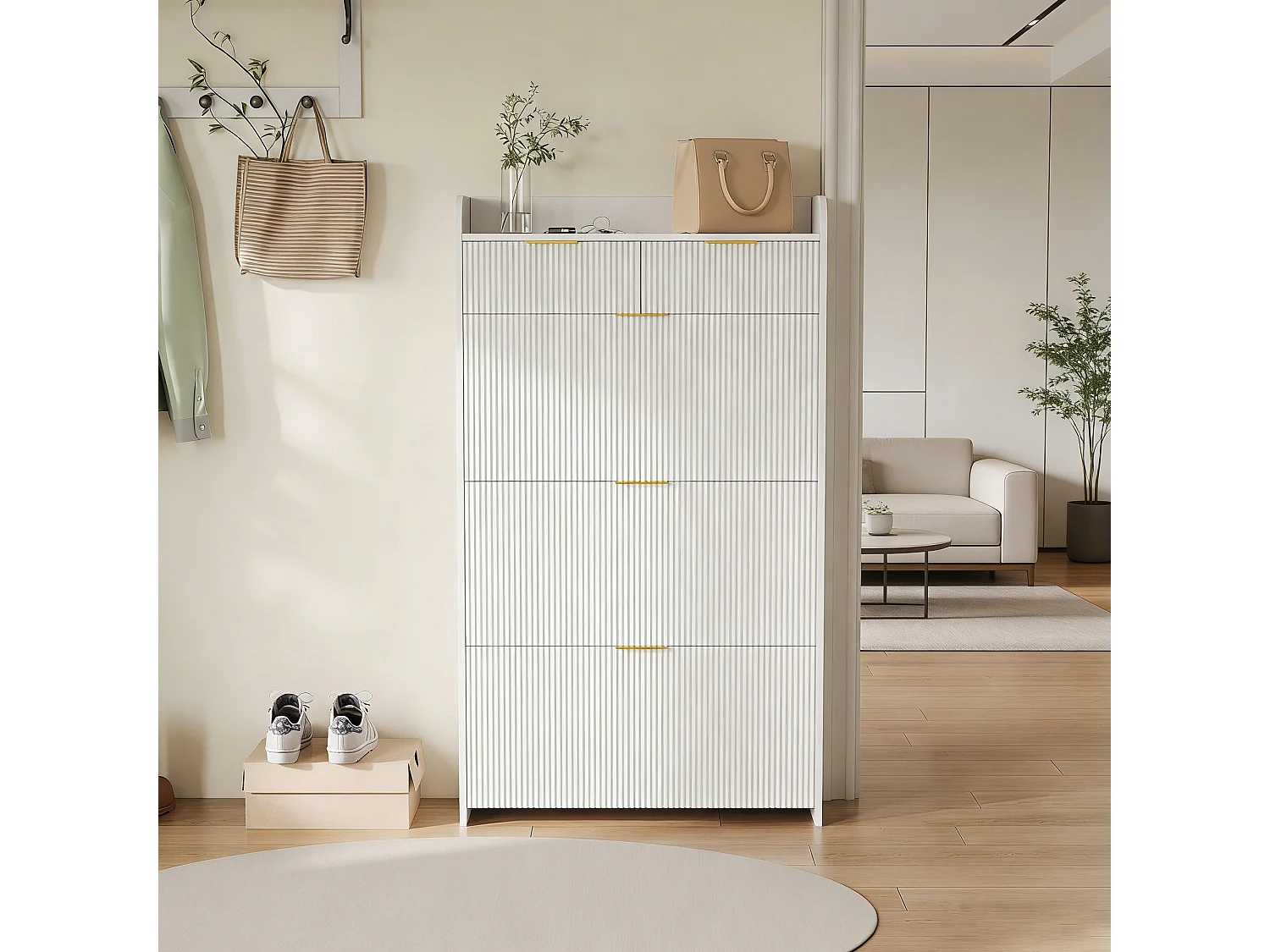 Meuble à chaussures 77x24x133 avec trois grands abattants et 2 tiroirs, dispositif anti-basculement, étagère réglable, MDF et Métal, Blanc