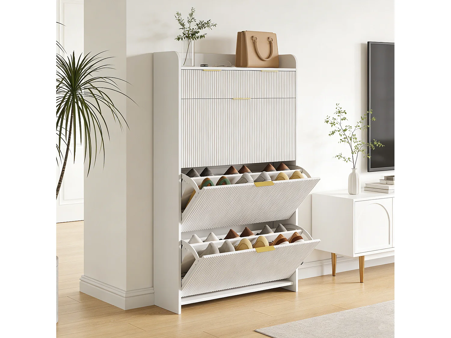 Meuble à chaussures 77x24x133 avec trois grands abattants et 2 tiroirs, dispositif anti-basculement, étagère réglable, MDF et Métal, Blanc